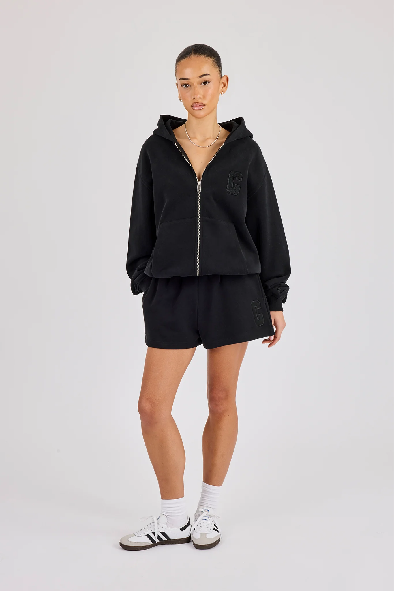 C Embroidered Zip Through Hoodie & Short - Black - Image 3