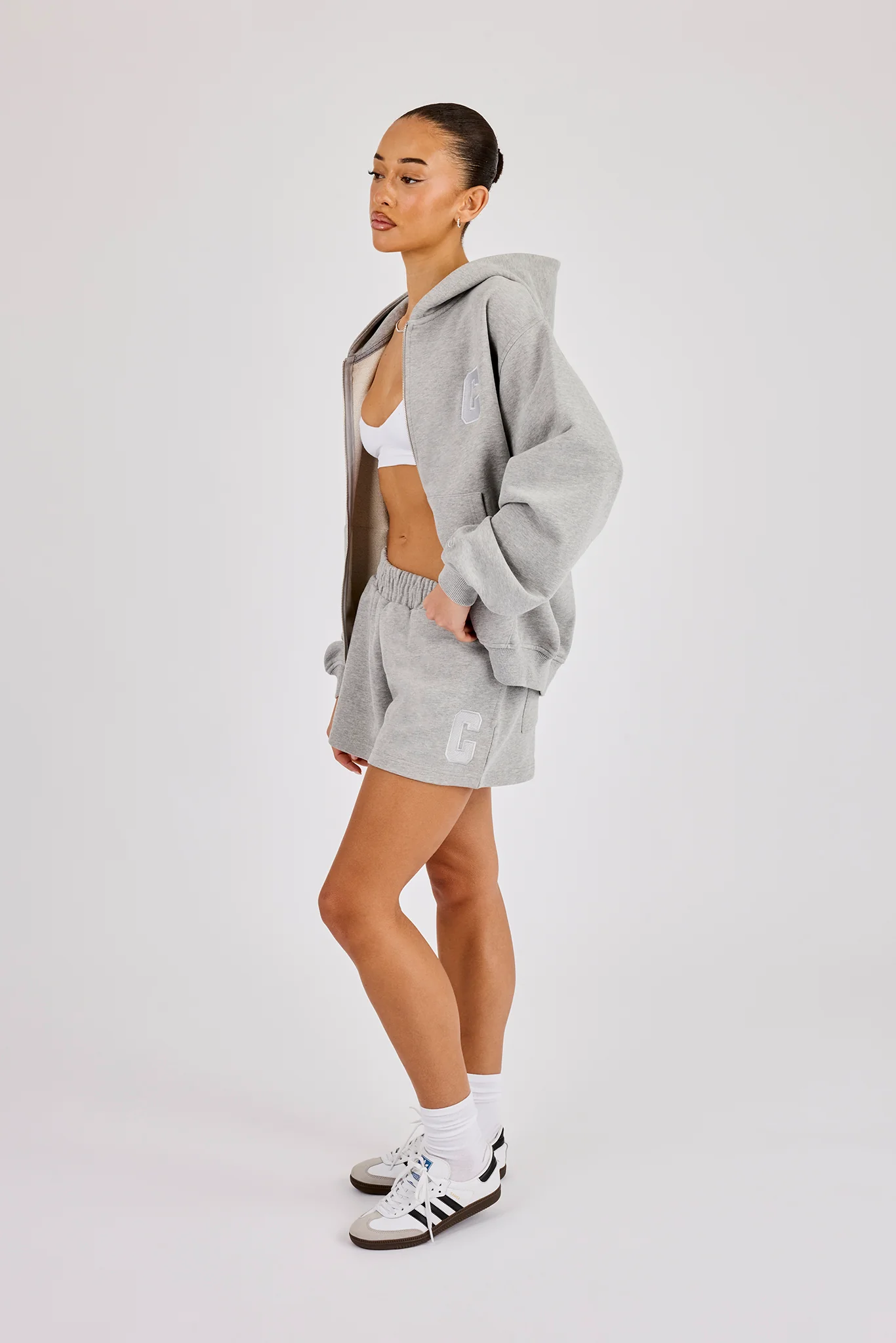 C Embroidered Zip Through Hoodie & Short - Grey Marl - Image 4