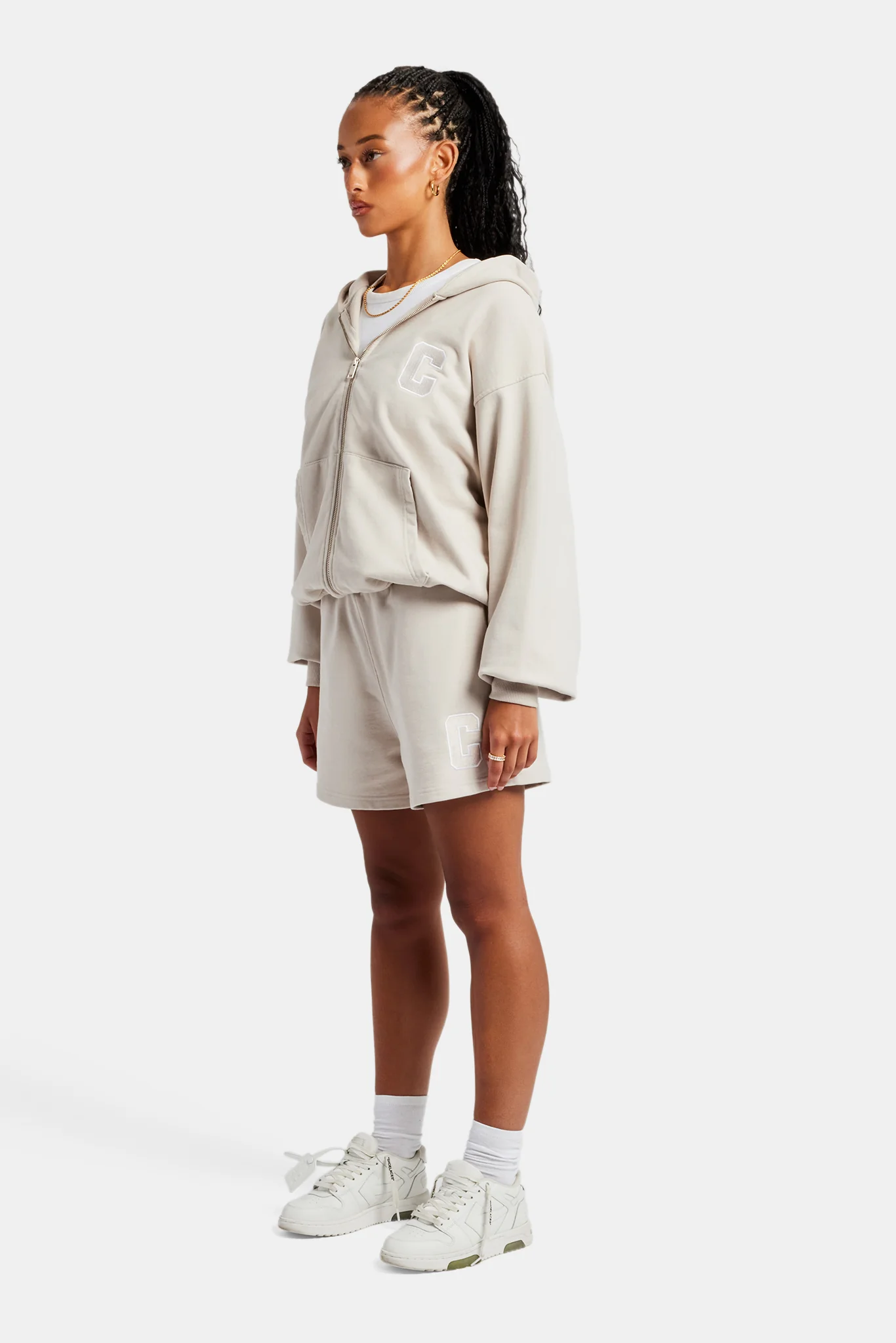 C Embroidered Zip Through Hoodie & Short Set - Stone - Image 2