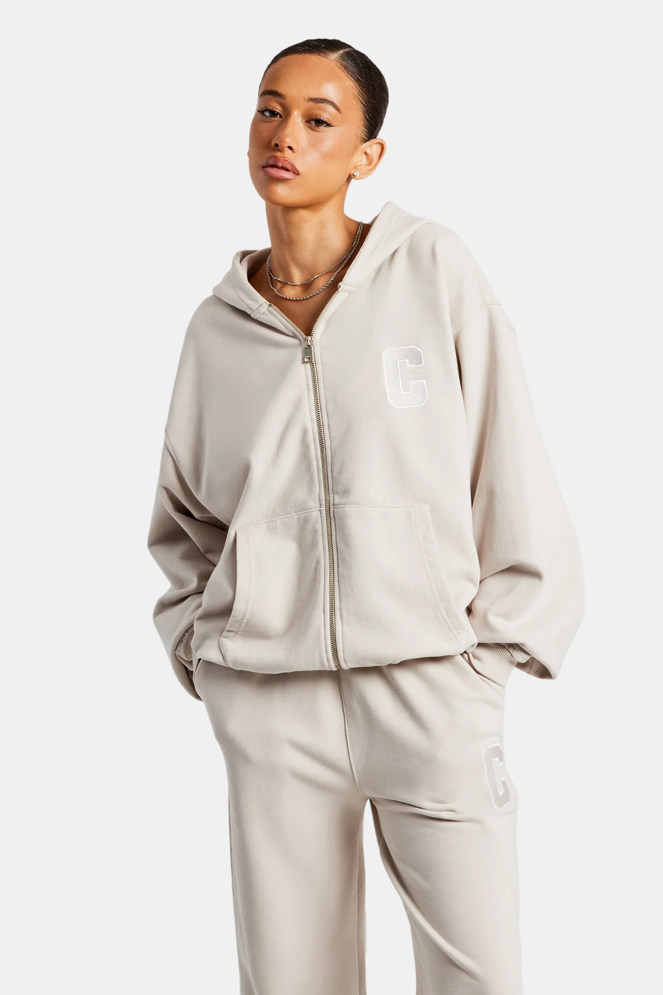 C Embroidered Zip Through Hoodie - Stone - Image 3
