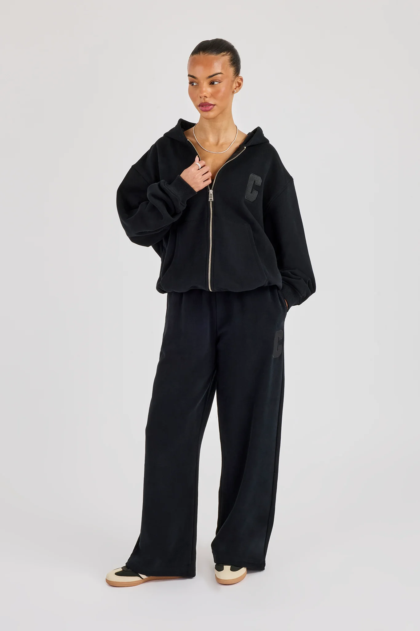 C Embroidered Zip Through Hoodie & Wide Leg Jogger - Black