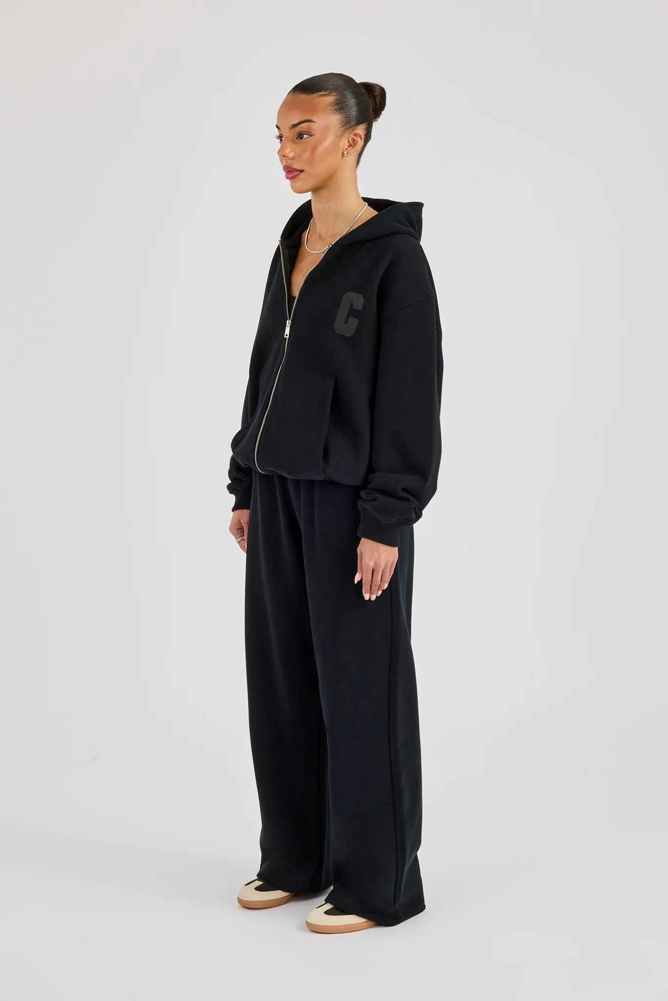 C Embroidered Zip Through Hoodie & Wide Leg Jogger - Black - Image 2