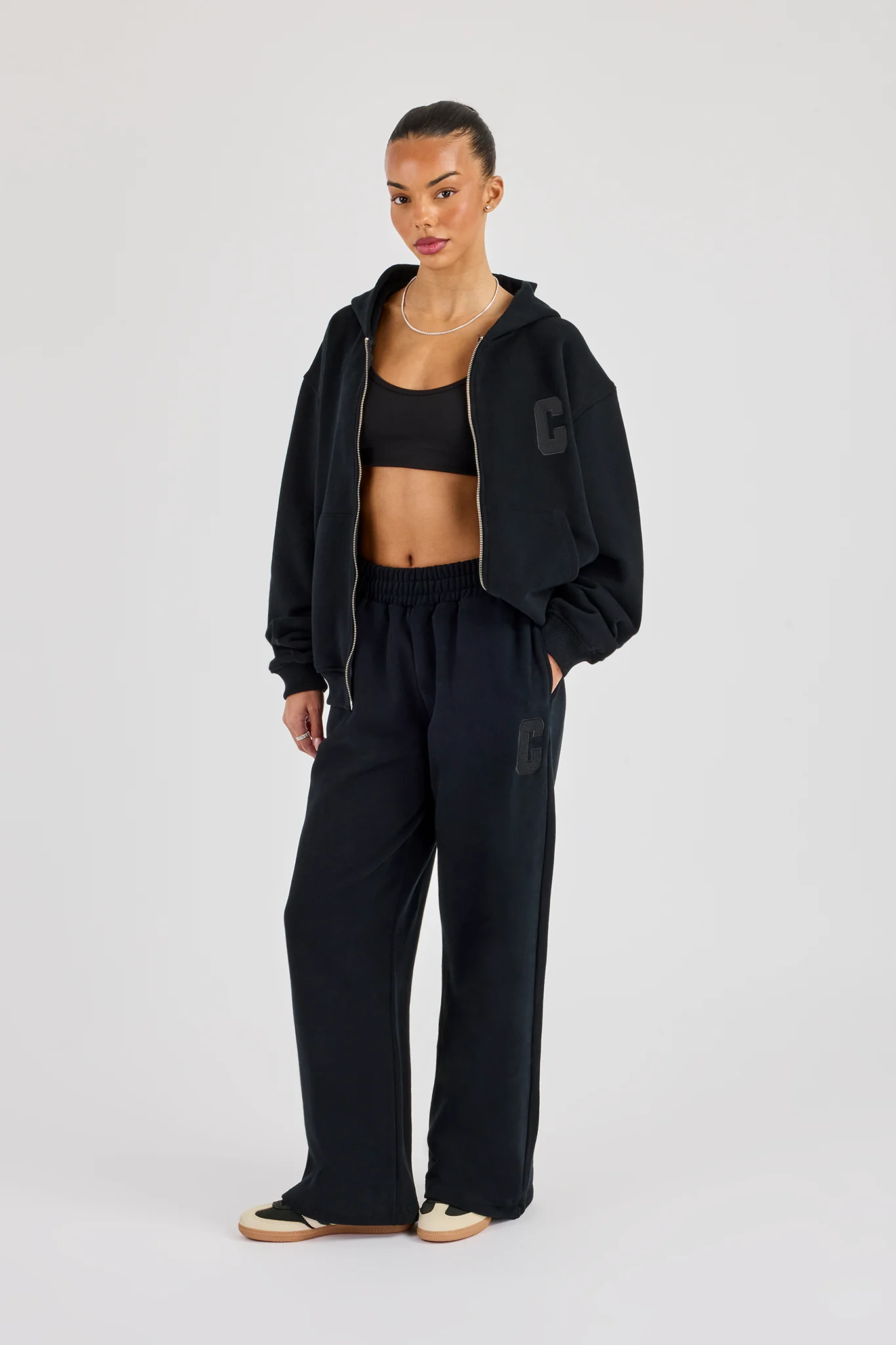 C Embroidered Zip Through Hoodie & Wide Leg Jogger - Black - Image 4