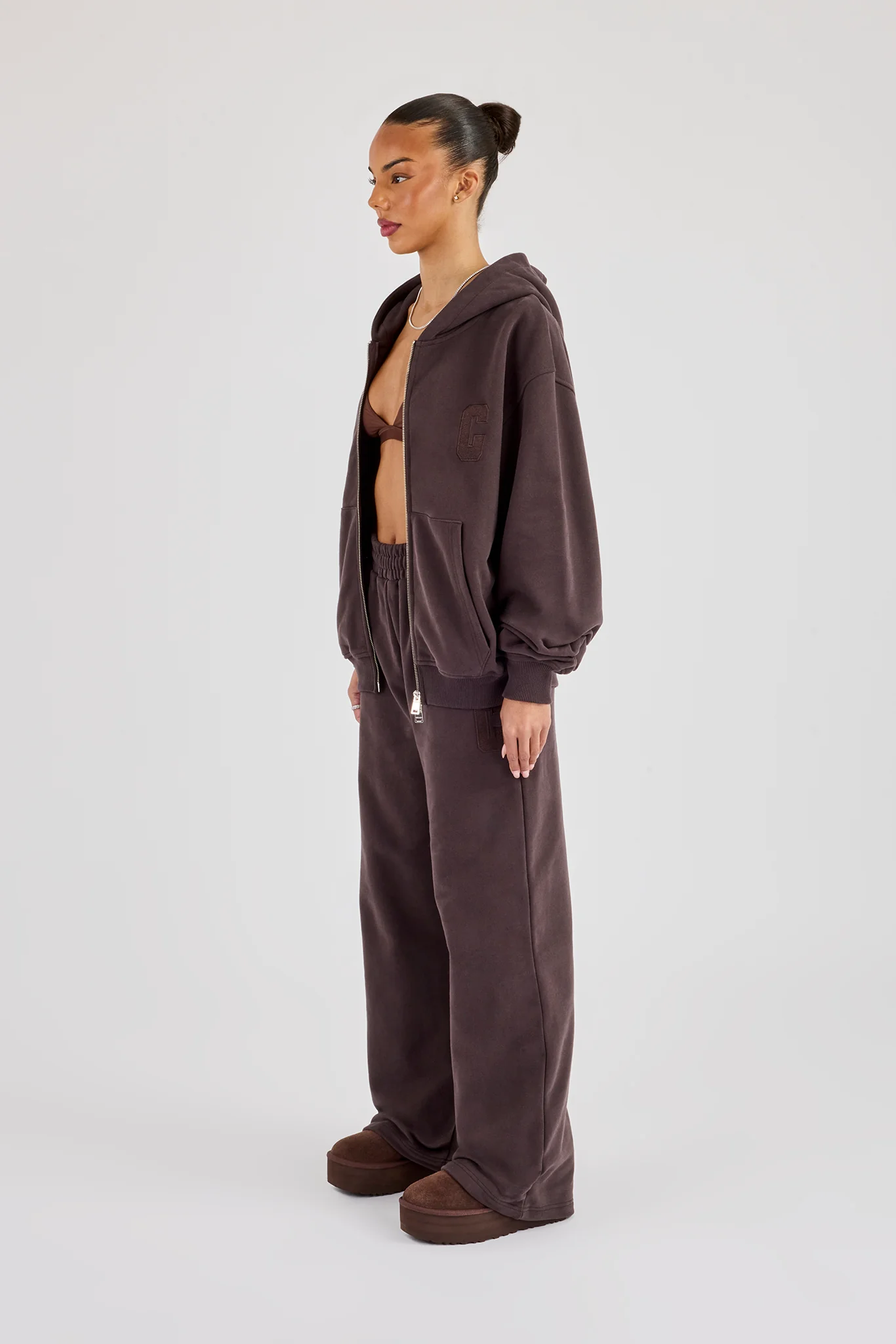 C Embroidered Zip Through Hoodie & Wide Leg Jogger - Coffee - Image 2