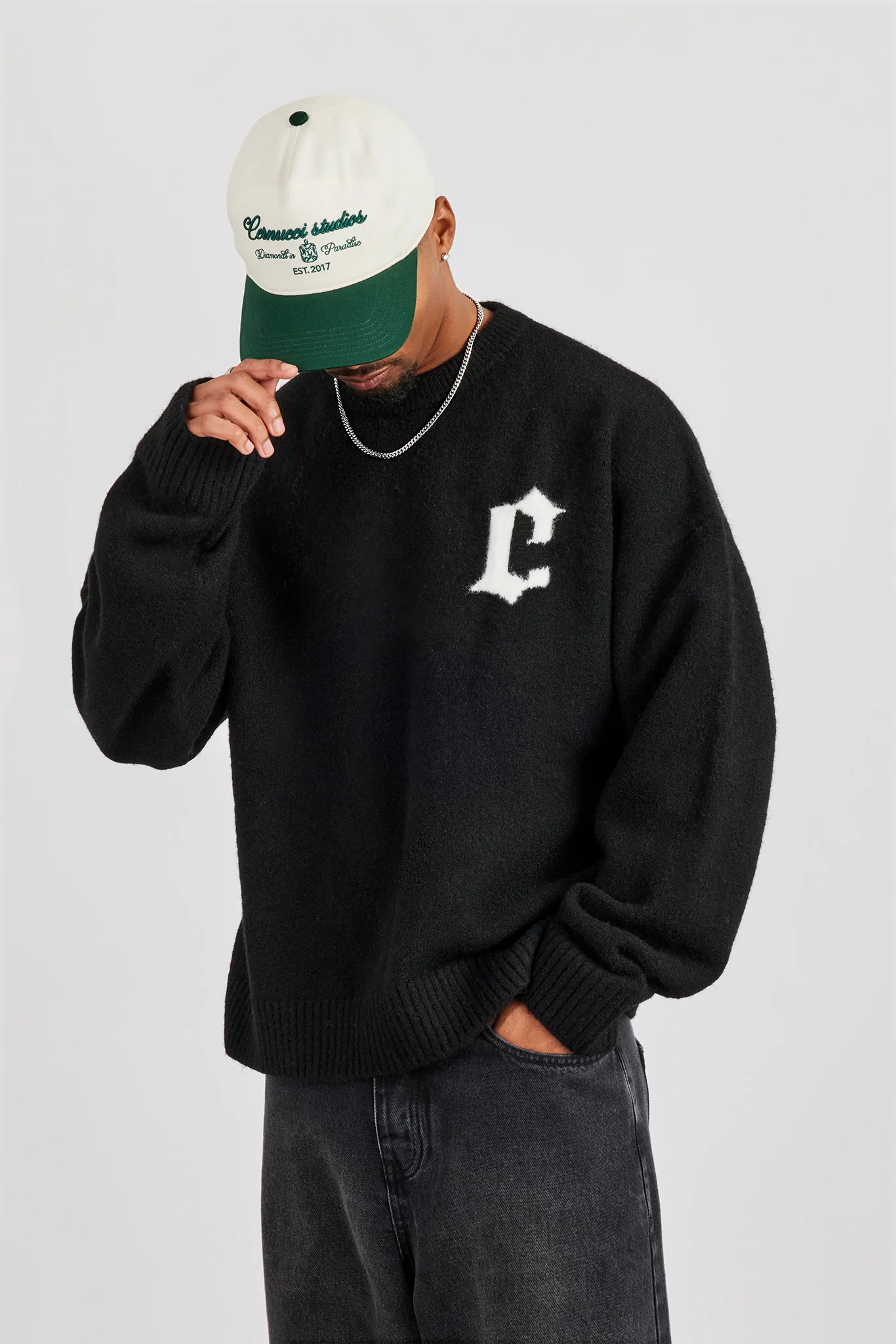 C Intarsia Knitted Sweatshirt - Black - Image 4