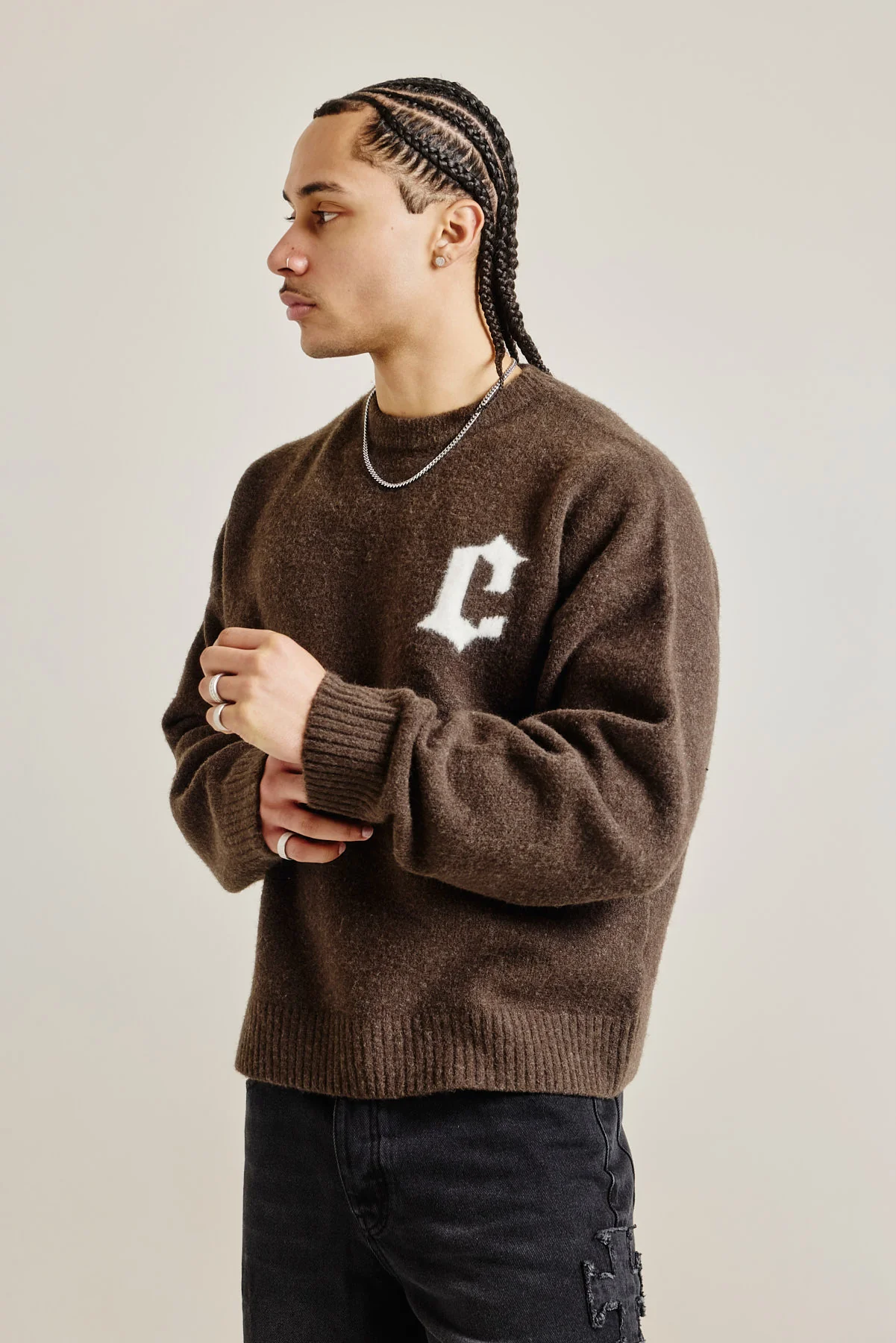 C Intarsia Knitted Sweatshirt - Dark Brown - Image 2