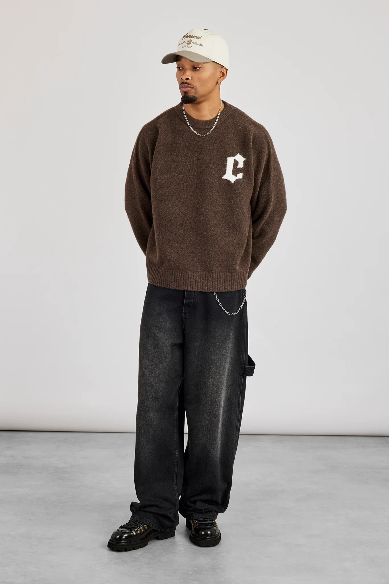 C Intarsia Knitted Sweatshirt - Dark Brown - Image 4