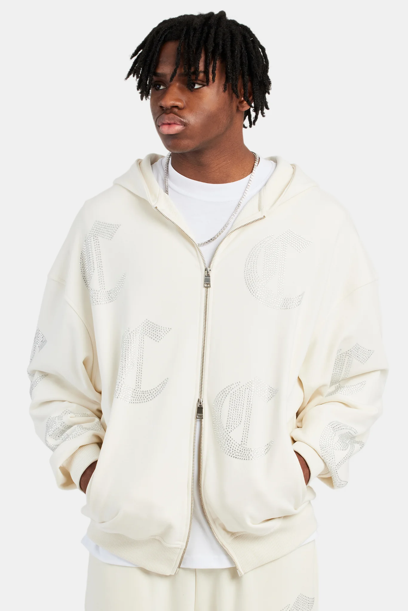 C Repeat Rhinestone Zip Through Hoodie - Ecru - Image 4