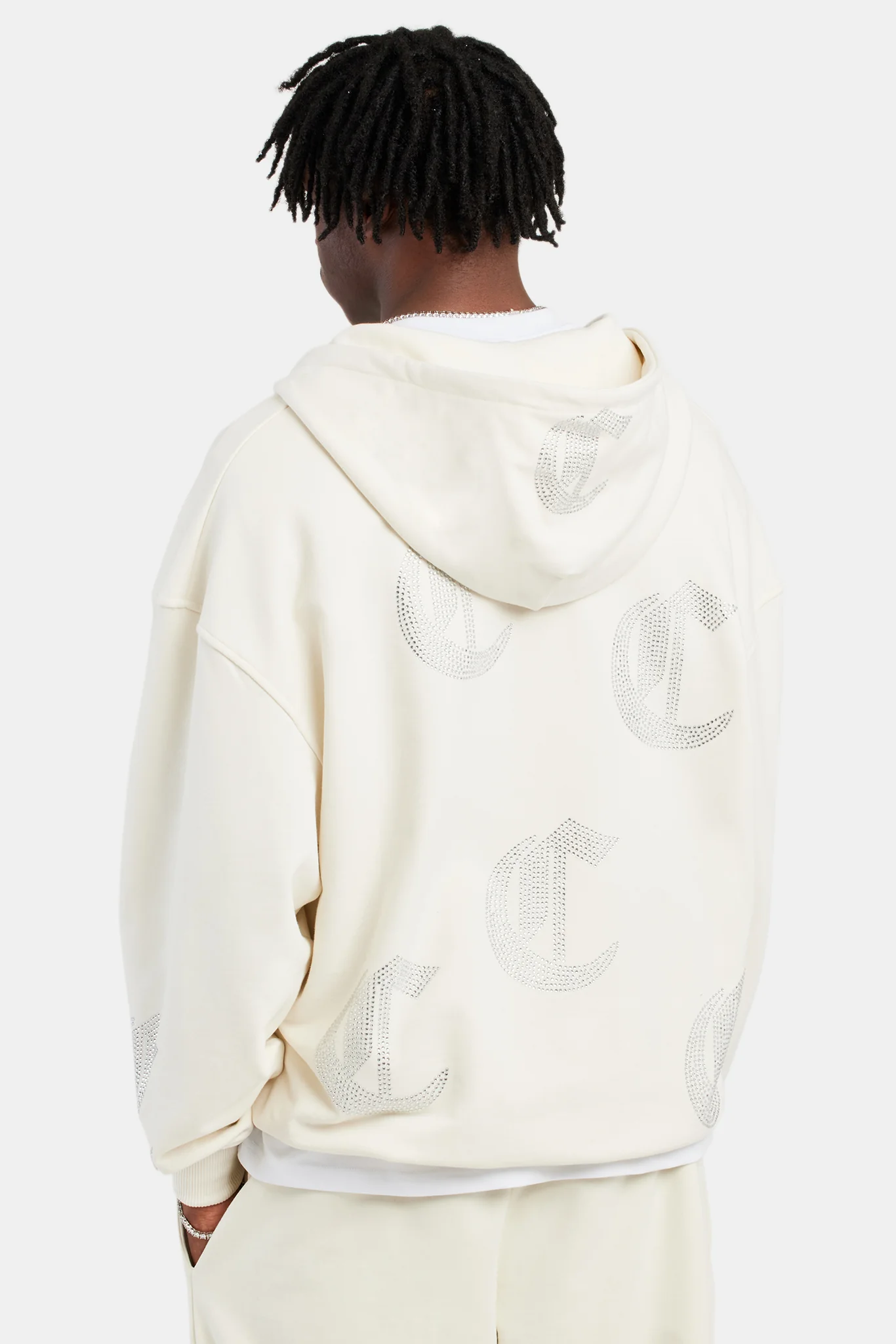 C Repeat Rhinestone Zip Through Hoodie - Ecru - Image 5