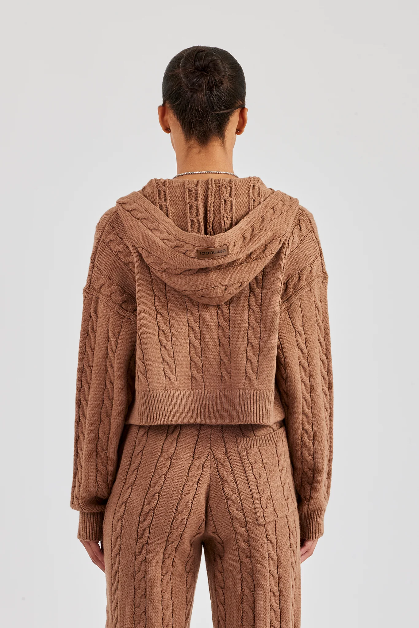 Cable Knit Cropped Knitted Hoodie - Tan - Image 3