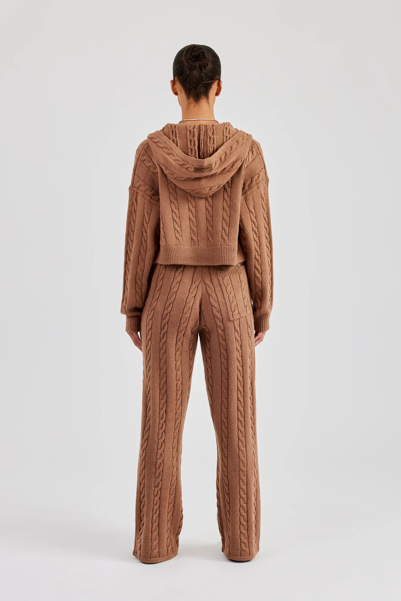 Cable Knit Cropped Knitted Hoodie & Wide Leg Jogger - Tan - Image 3