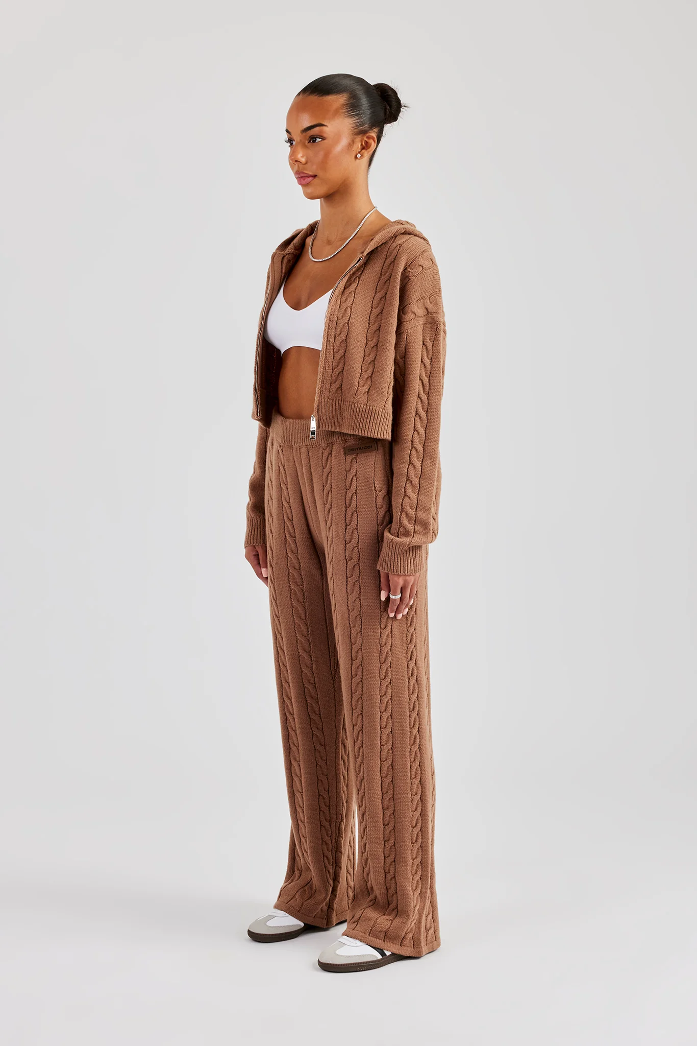 Cable Knit Cropped Knitted Hoodie & Wide Leg Jogger - Tan - Image 4