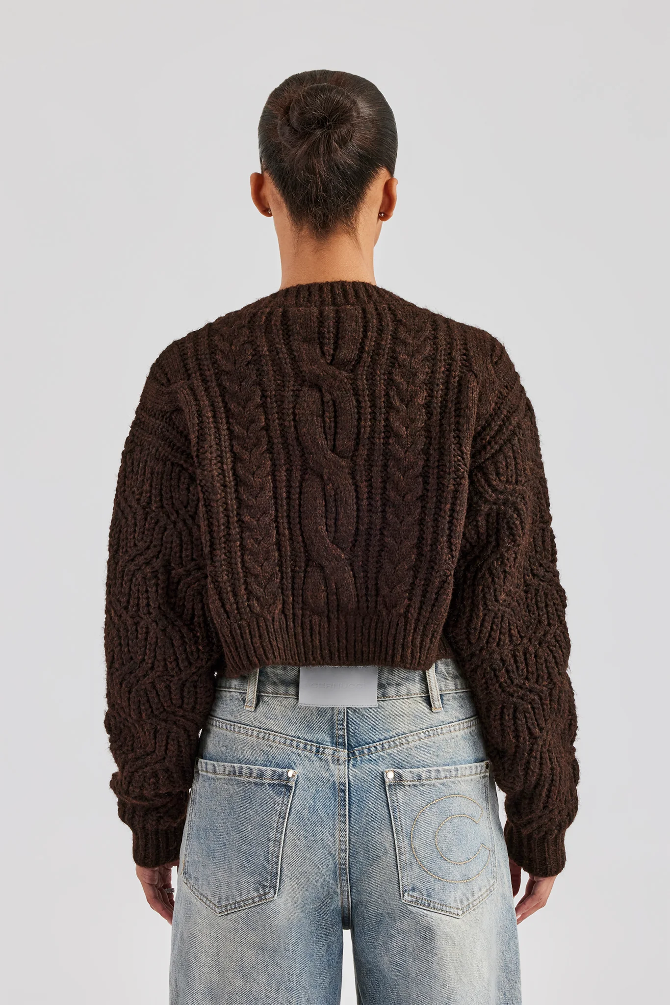 Cable Knit Embroidered Cardigan - Chocolate - Image 4