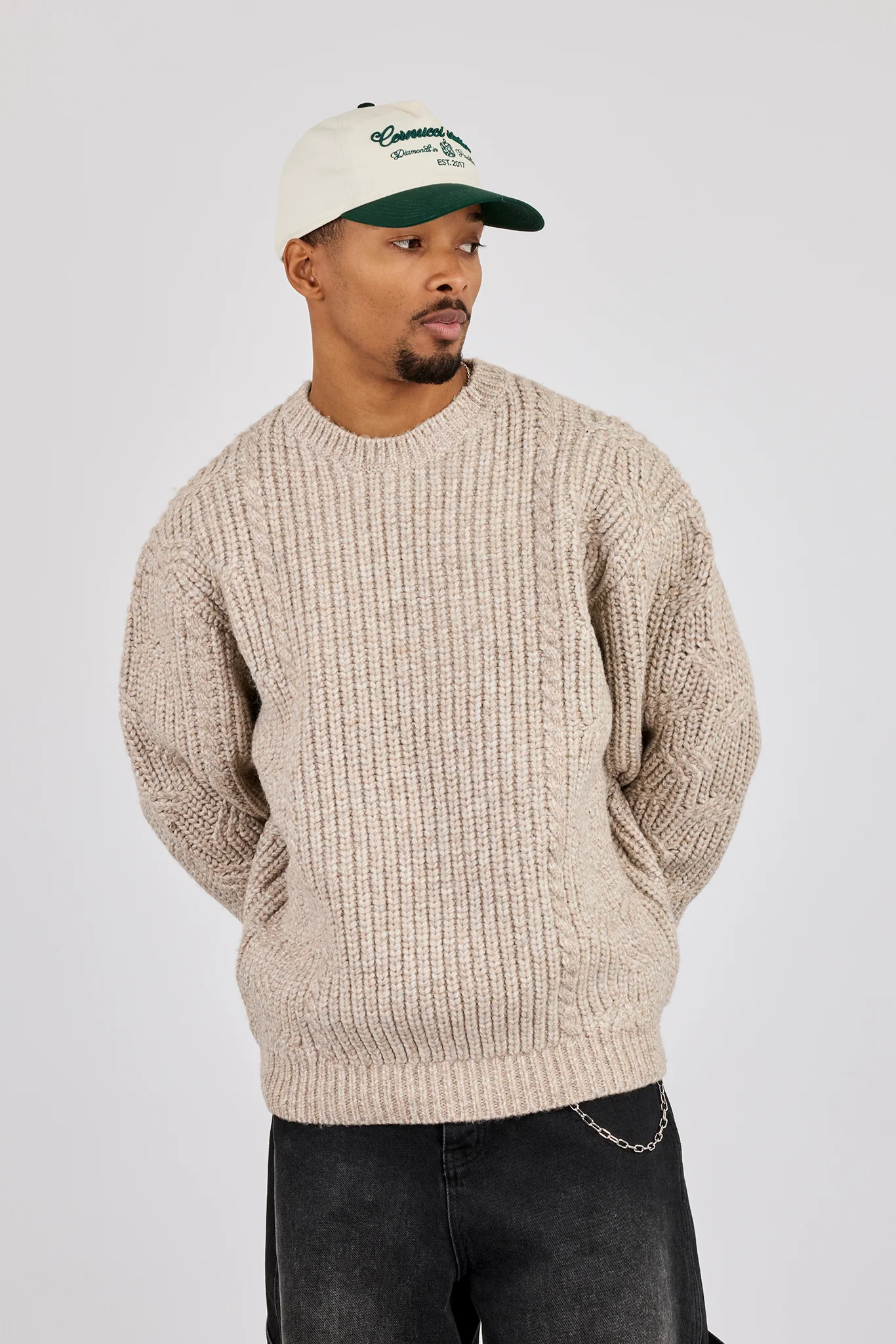 Cable Knit Embroidered Sweatshirt - Beige - Image 2