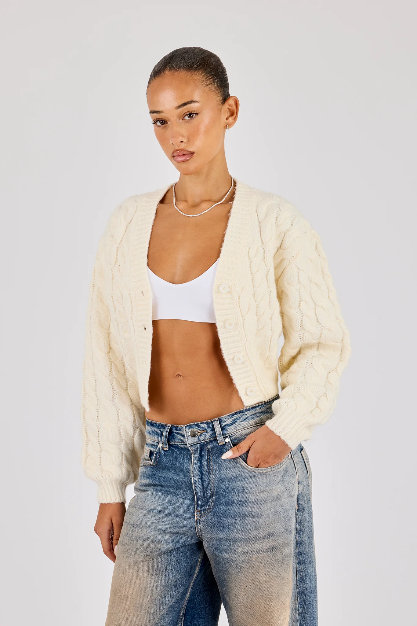 Cable Knit V Neck Cardigan - Oatmeal - Image 2