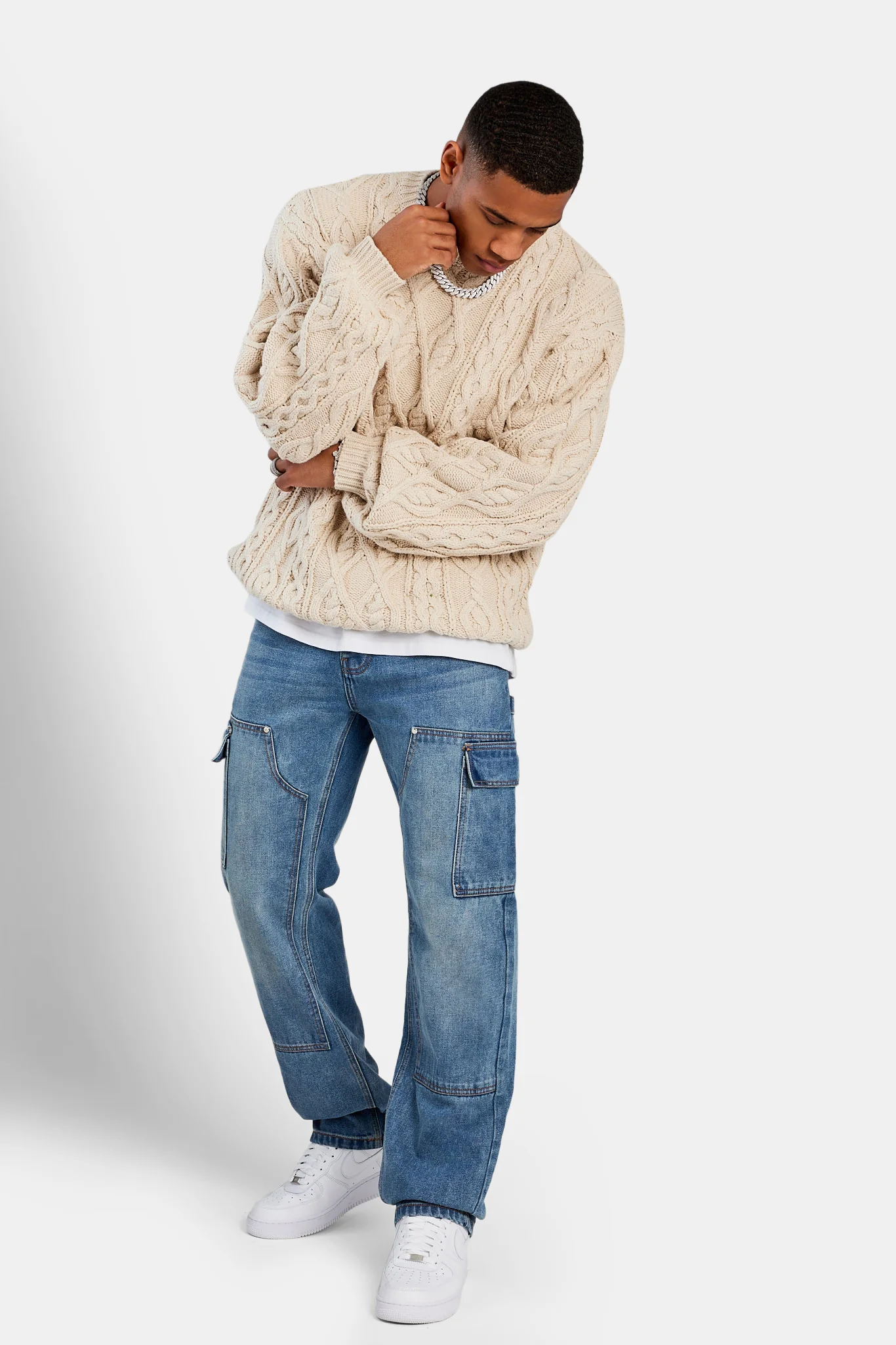 Cable Knit Varsity Sweater - Beige - Image 2