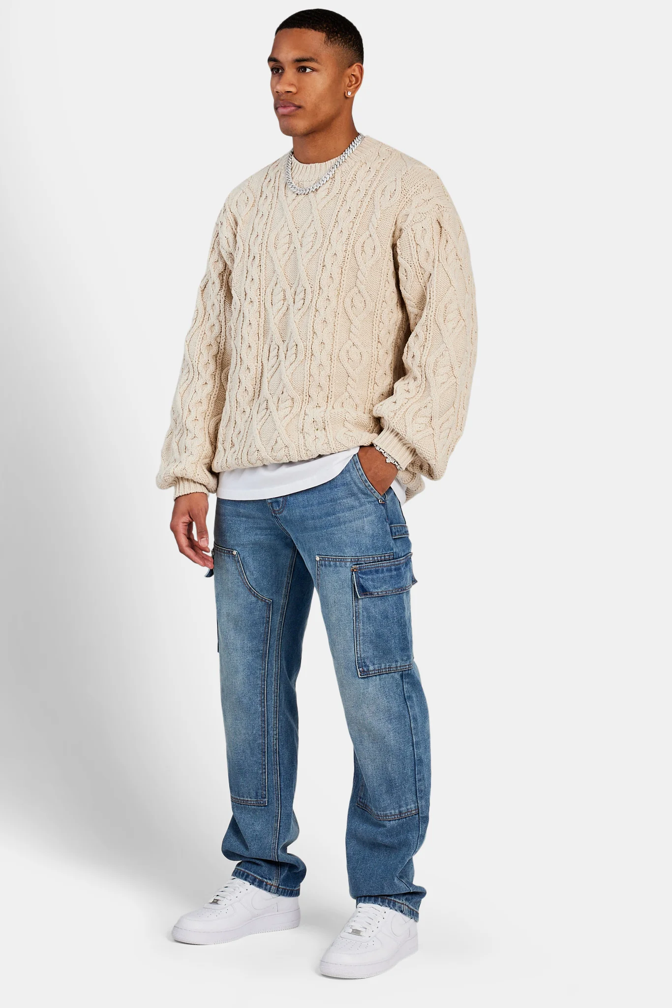 Cable Knit Varsity Sweater - Beige - Image 5