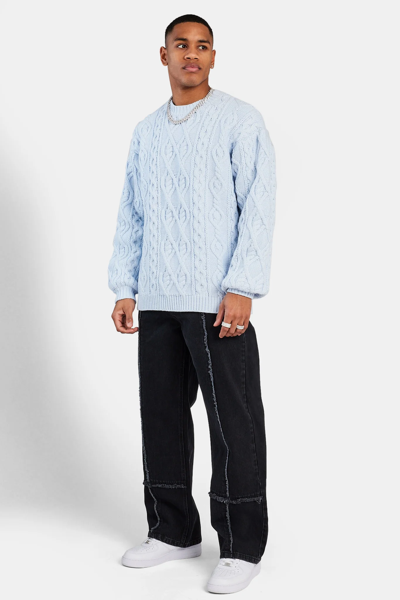 Cable Knit Varsity Sweater - Blue - Image 2