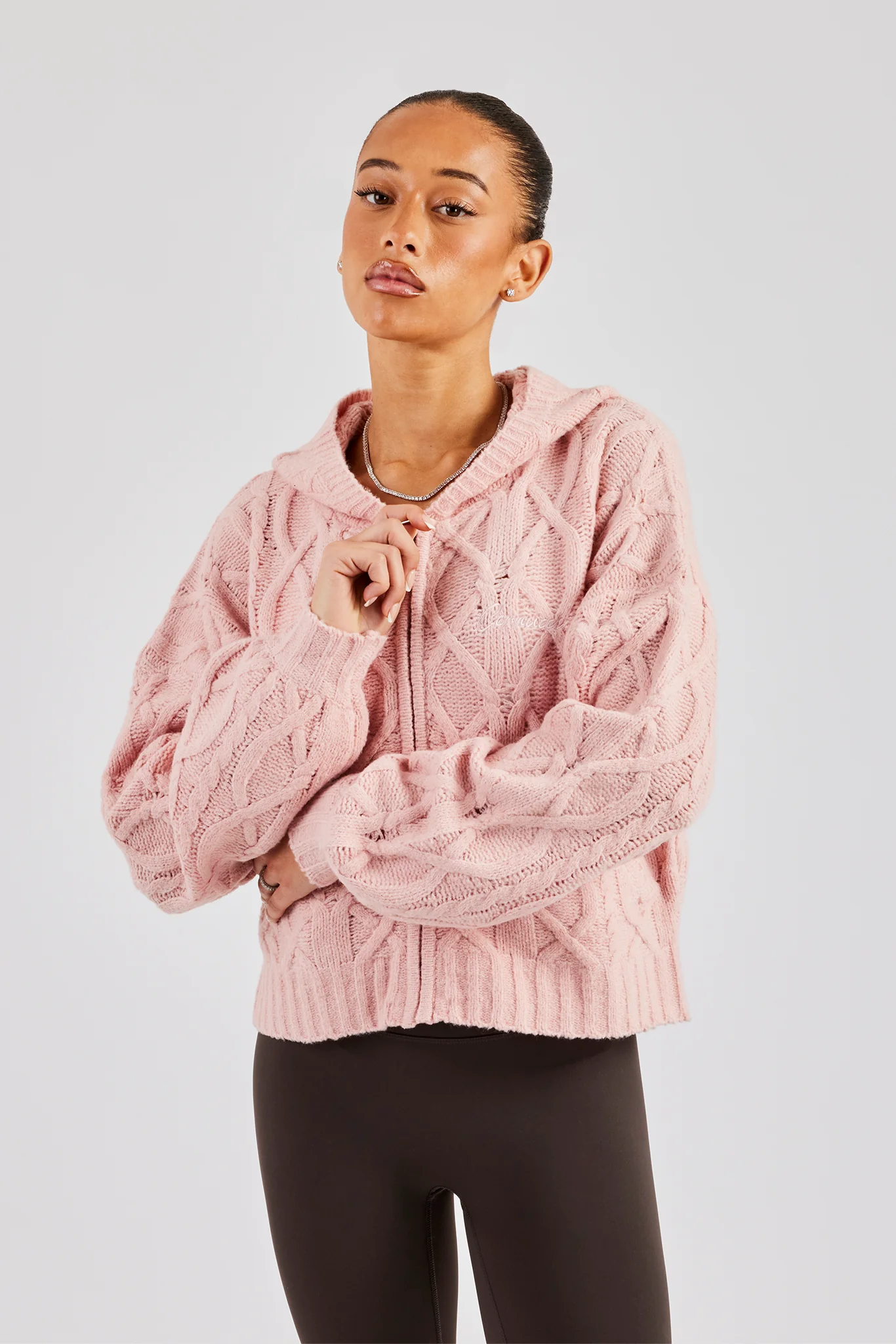 Cable Knit Zip Through Knit Hoodie - Baby Pink - Image 2