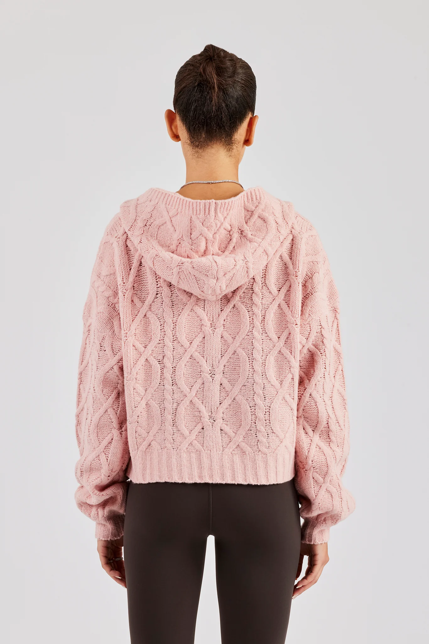 Cable Knit Zip Through Knit Hoodie - Baby Pink - Image 4