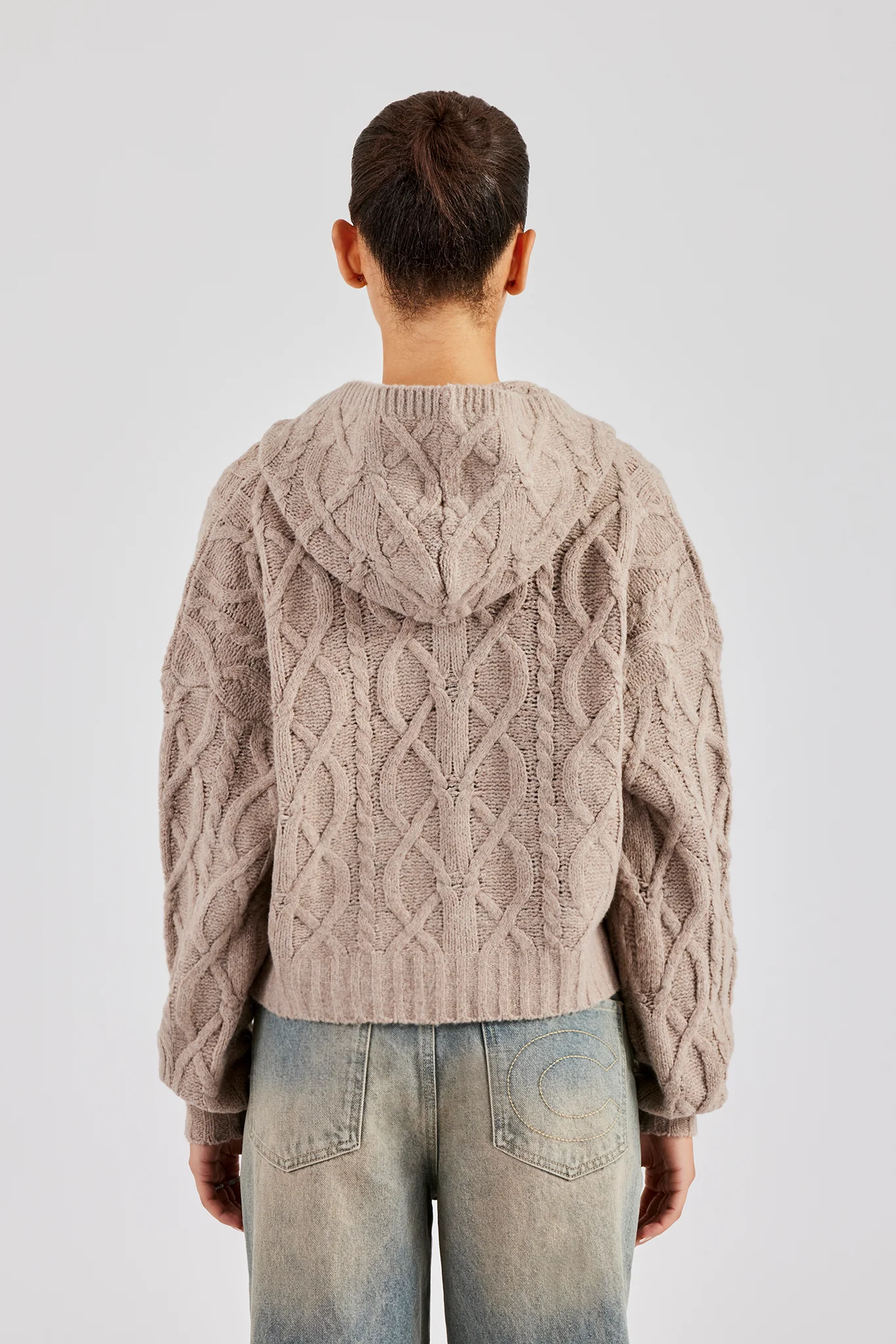 Cable Knit Zip Through Knit Hoodie - Stone - Image 3
