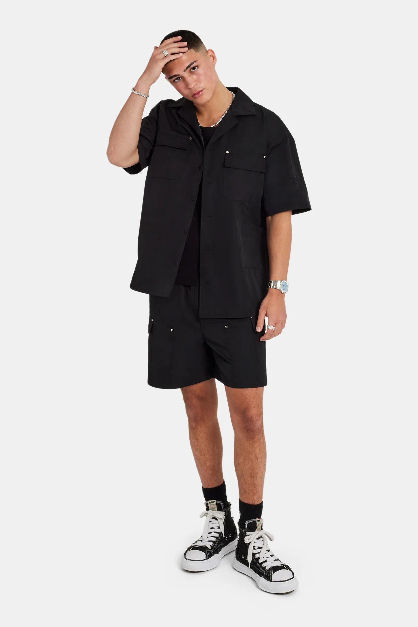 Carpenter Nylon Embroidered Shirt & Short Set - Black - Image 3