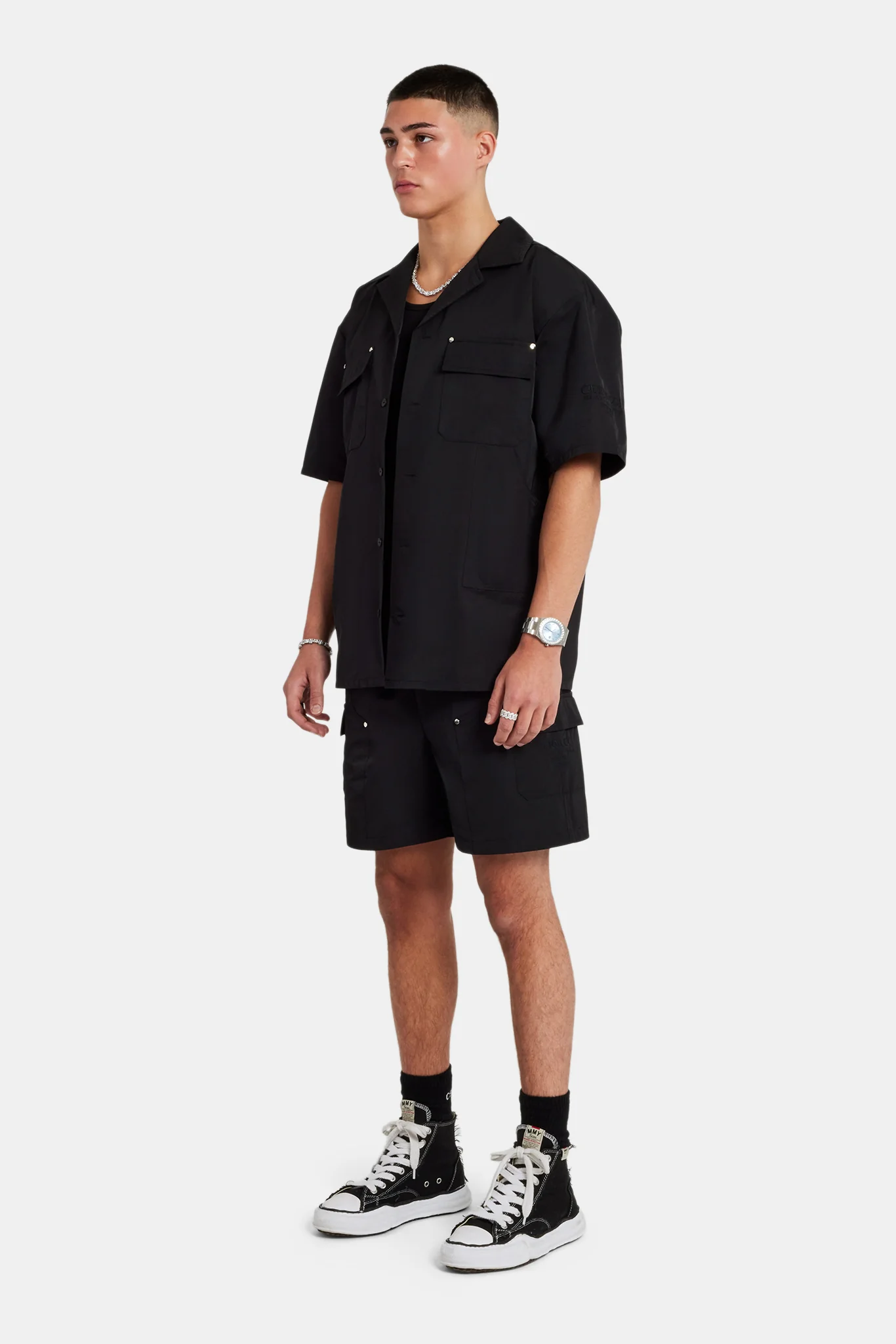 Carpenter Nylon Embroidered Shirt & Short Set - Black - Image 4