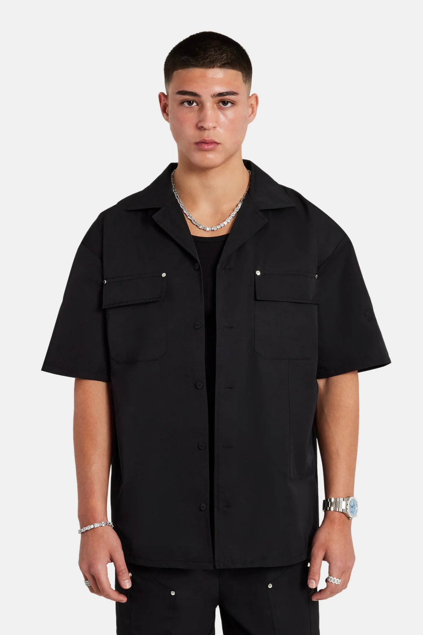 Carpenter Nylon Embroidered Shirt & Short Set - Black - Image 5