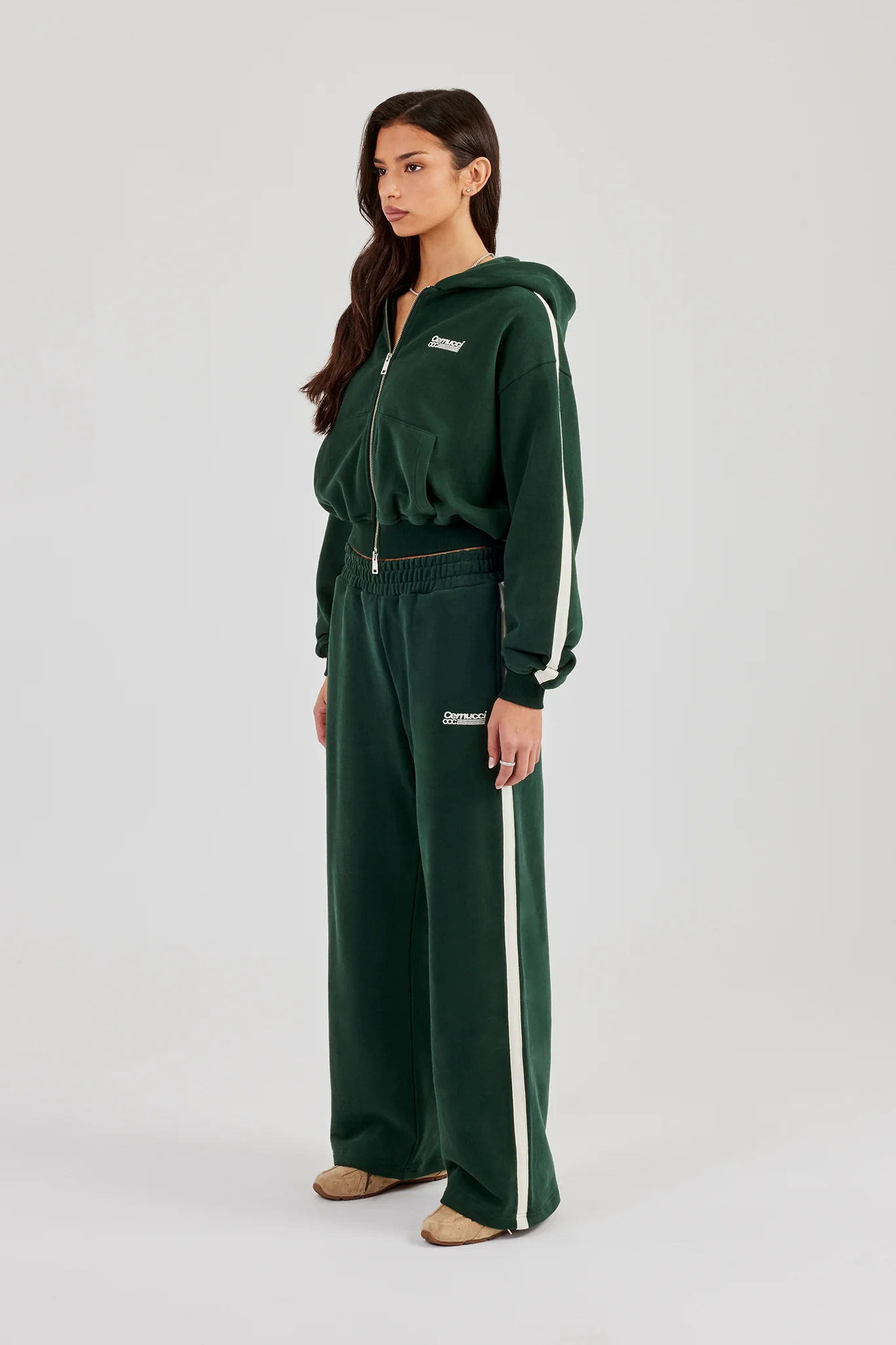 CCC Taping Boxy Zip Through Hoodie & Wide Leg Jogger - Forest Green - Image 2