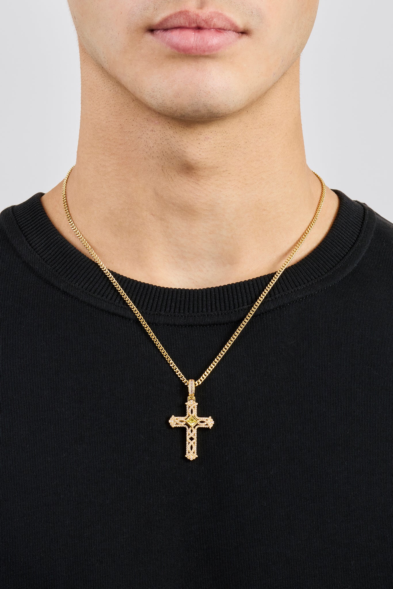 Centre Stone Cross Pendant Necklace - 25mm - Gold