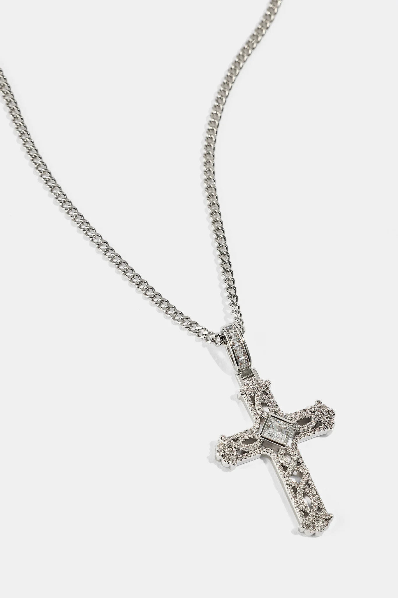 Centre Stone Cross Pendant Necklace - 25mm - White - Image 3