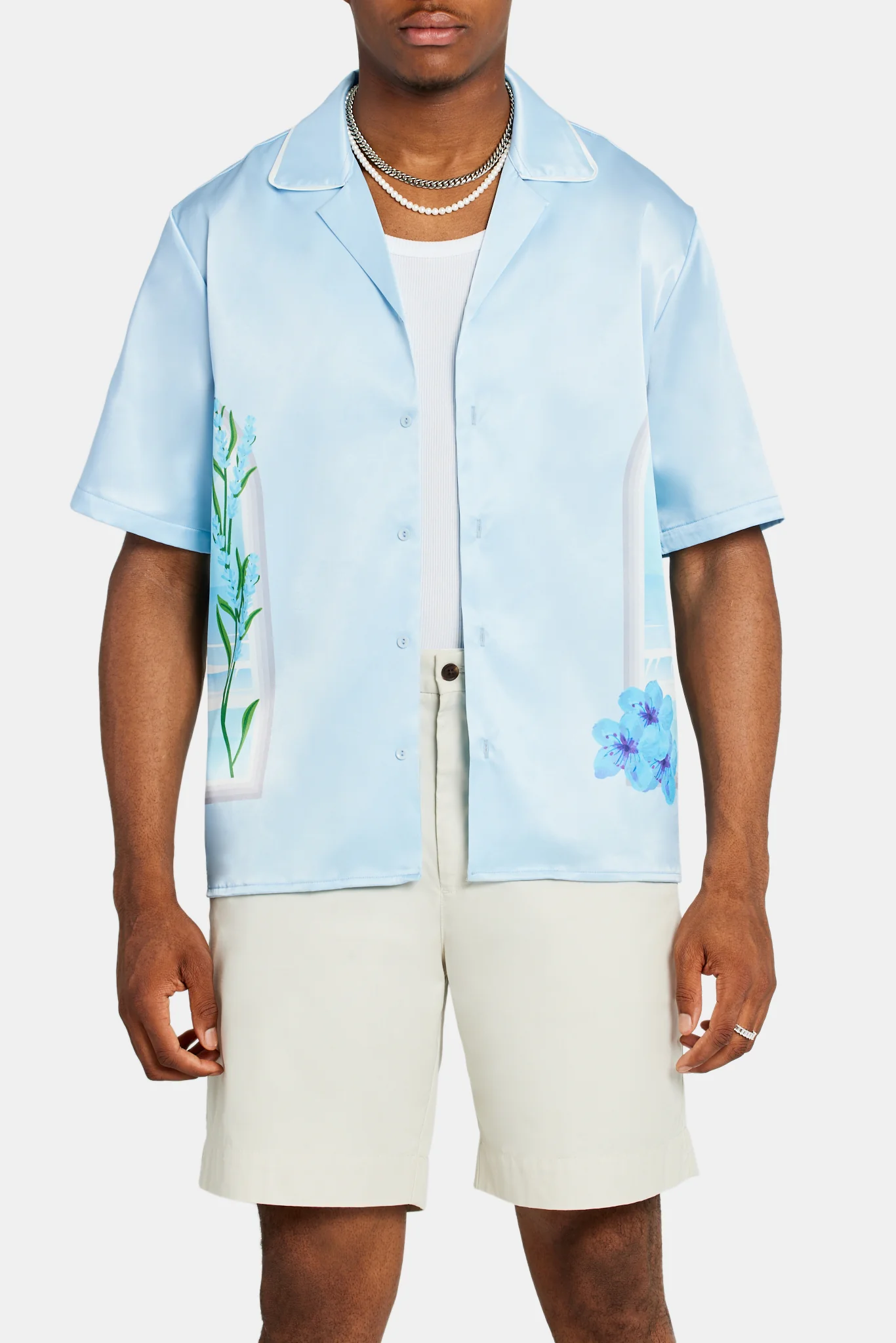 Cernucci Beach Hut Graphic Satin Shirt - Light Blue - Image 2