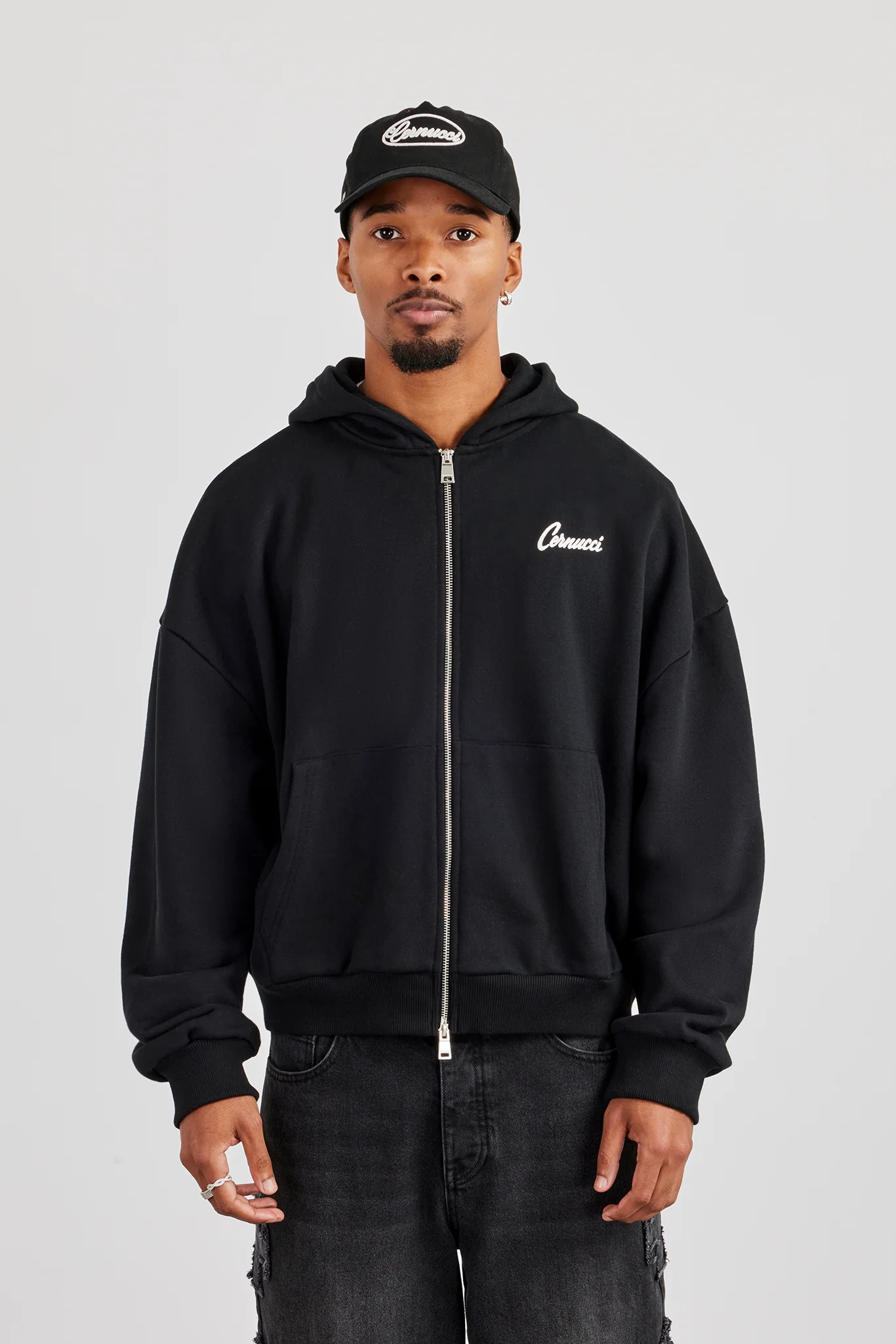 Cernucci Cherub Zip Through Boxy Hoodie - Black - Image 2