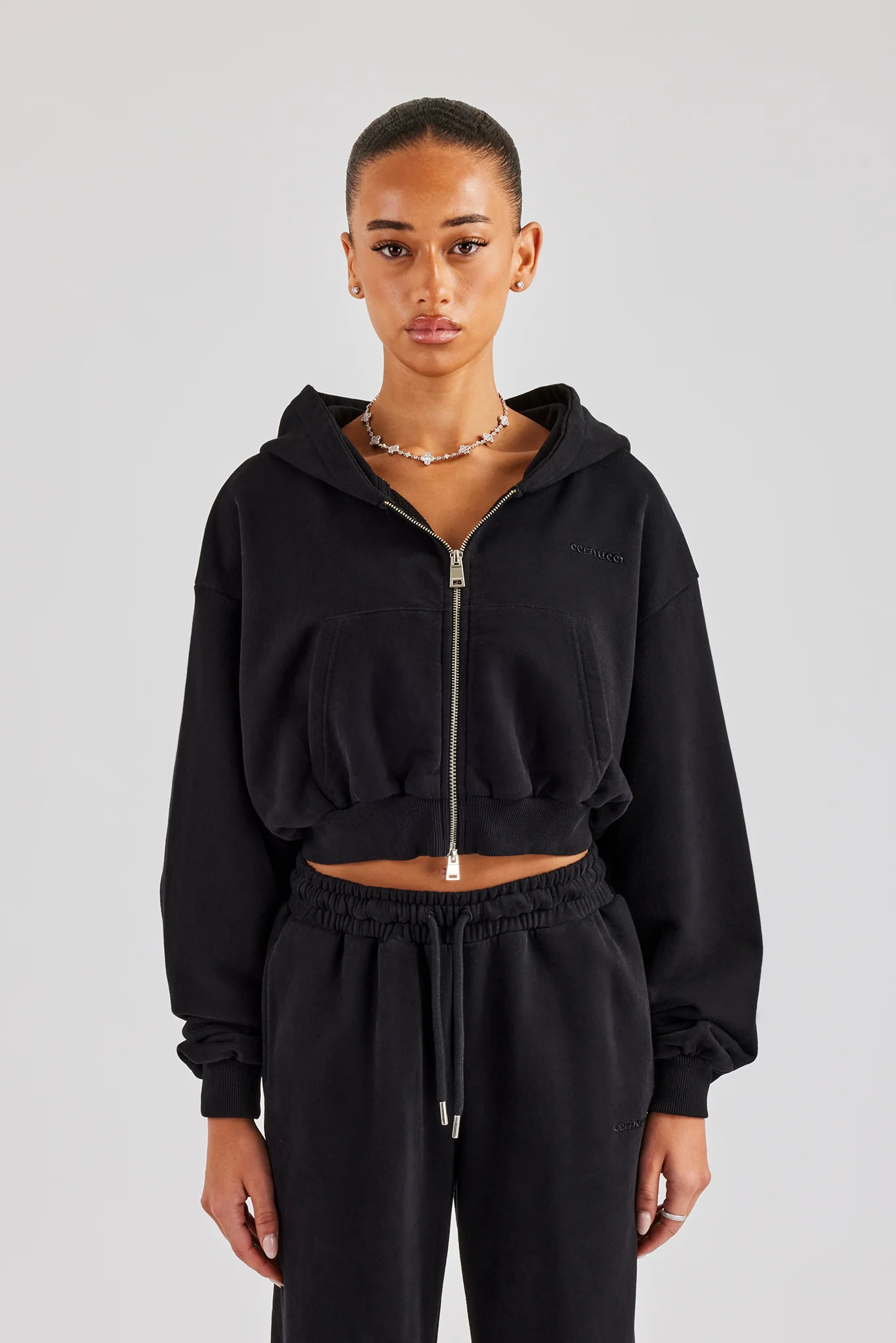 Cernucci Cropped Zip Through Hoodie - Black - Image 2