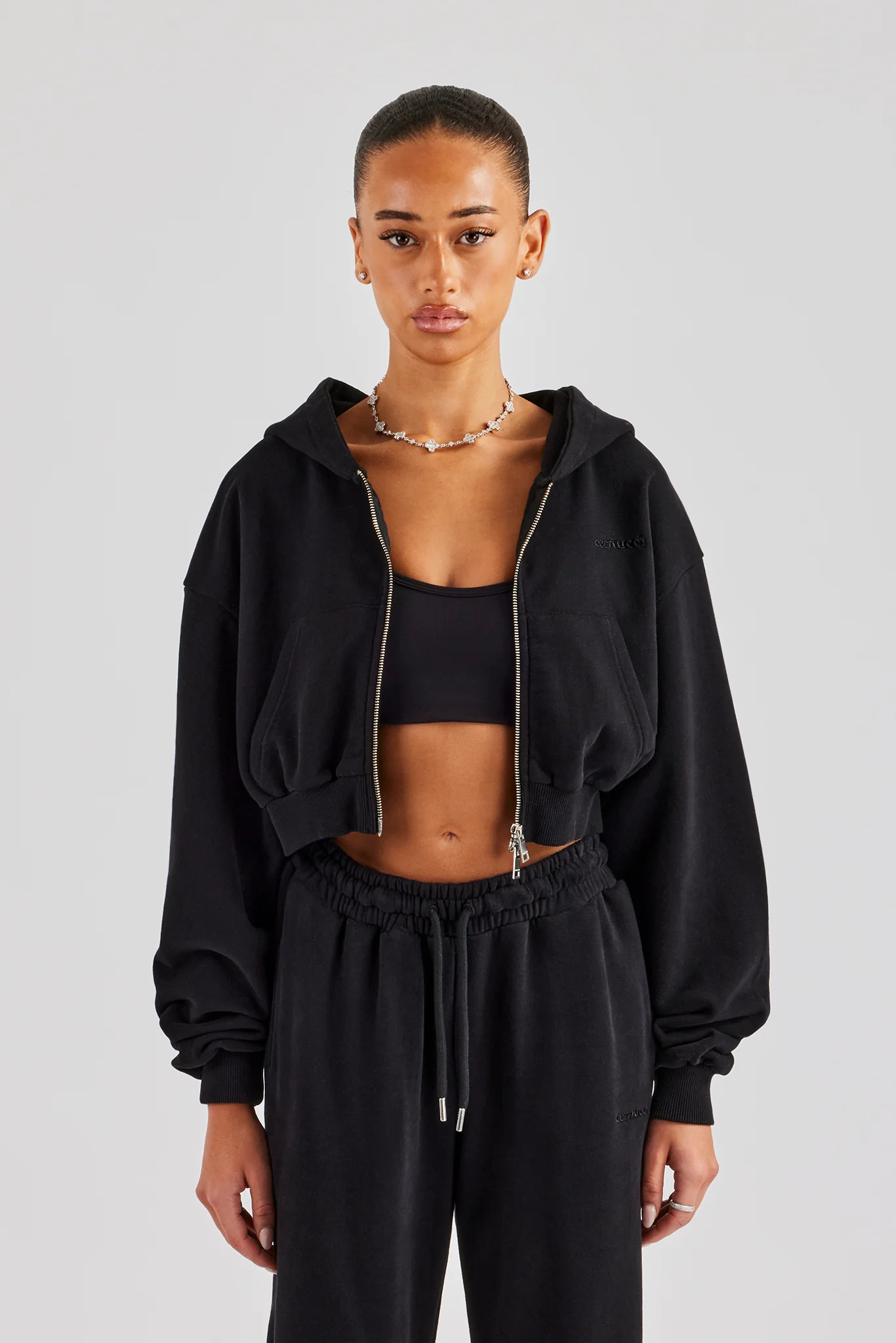 Cernucci Cropped Zip Through Hoodie - Black - Image 3