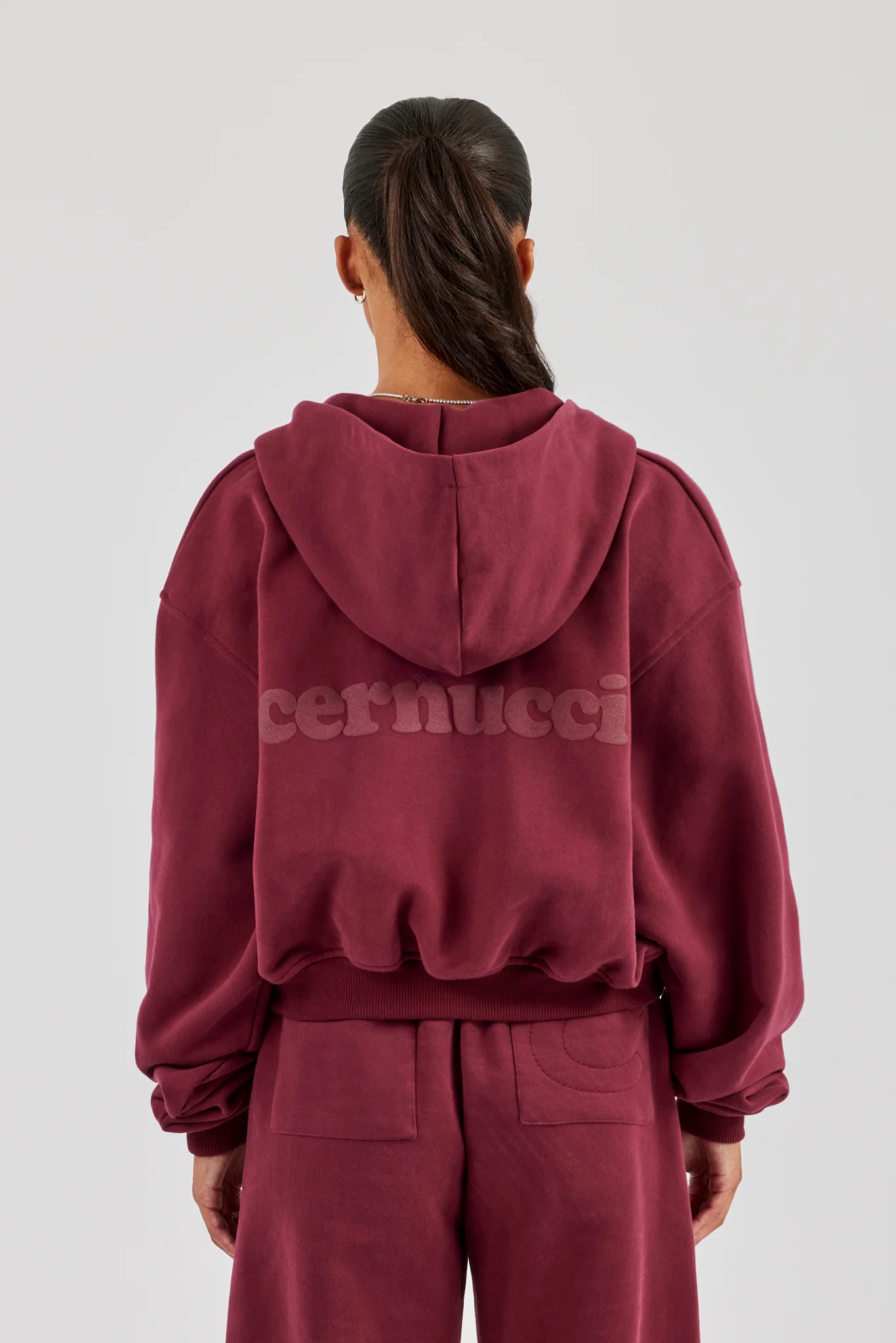 Cernucci Cropped Zip Through Hoodie - Burgundy - Image 2