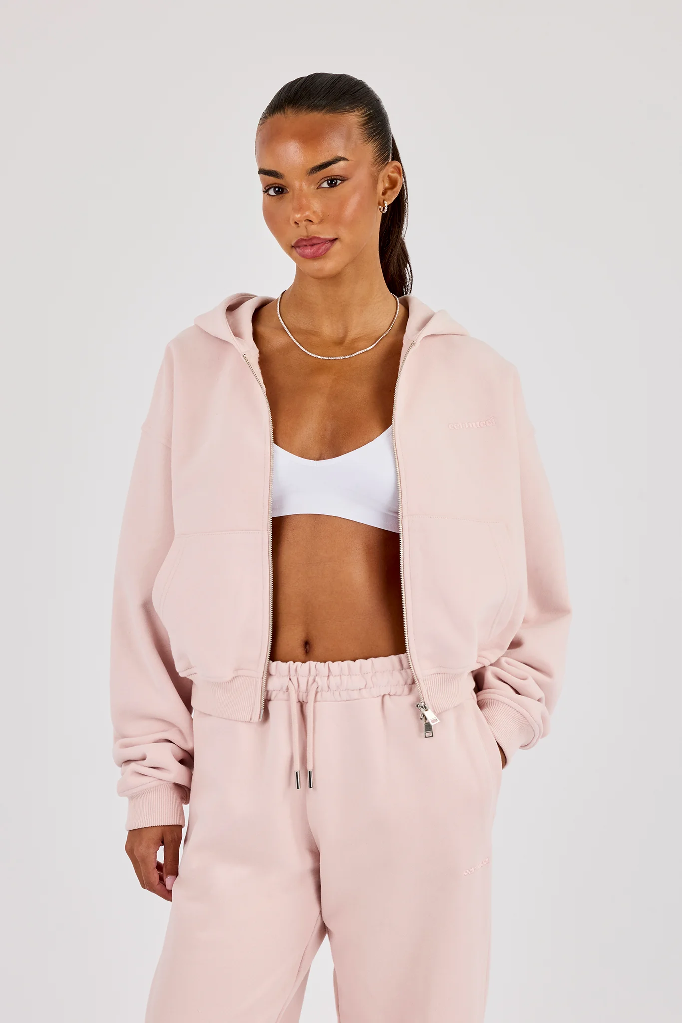 Cernucci Cropped Zip Through Hoodie - Dusty Pink - Image 3