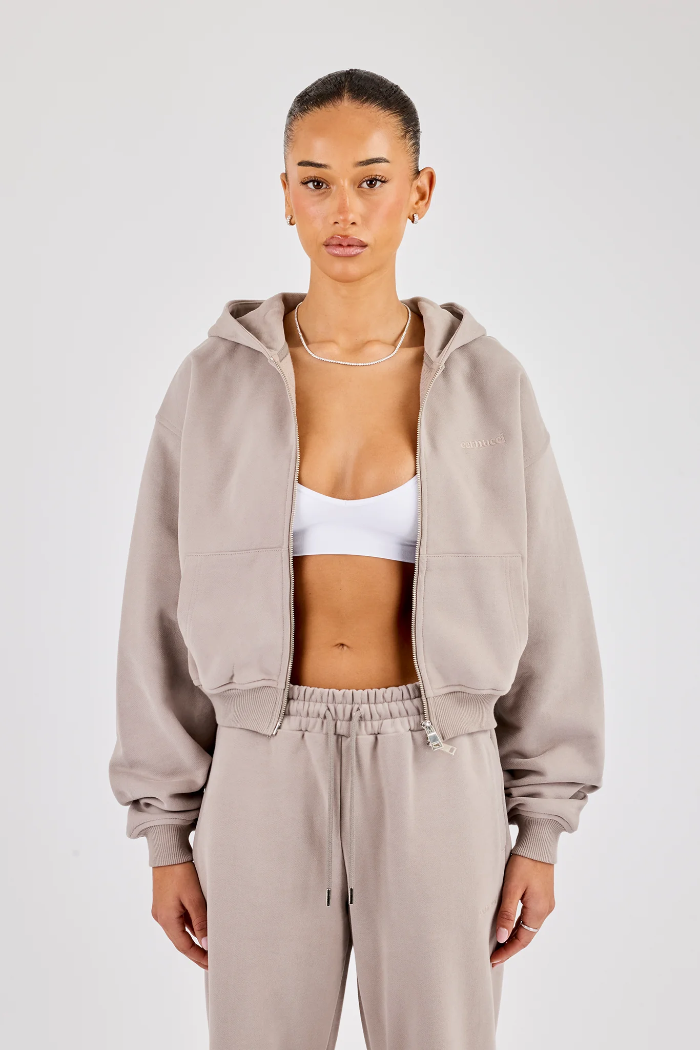 Cernucci Cropped Zip Through Hoodie - Stone - Image 4