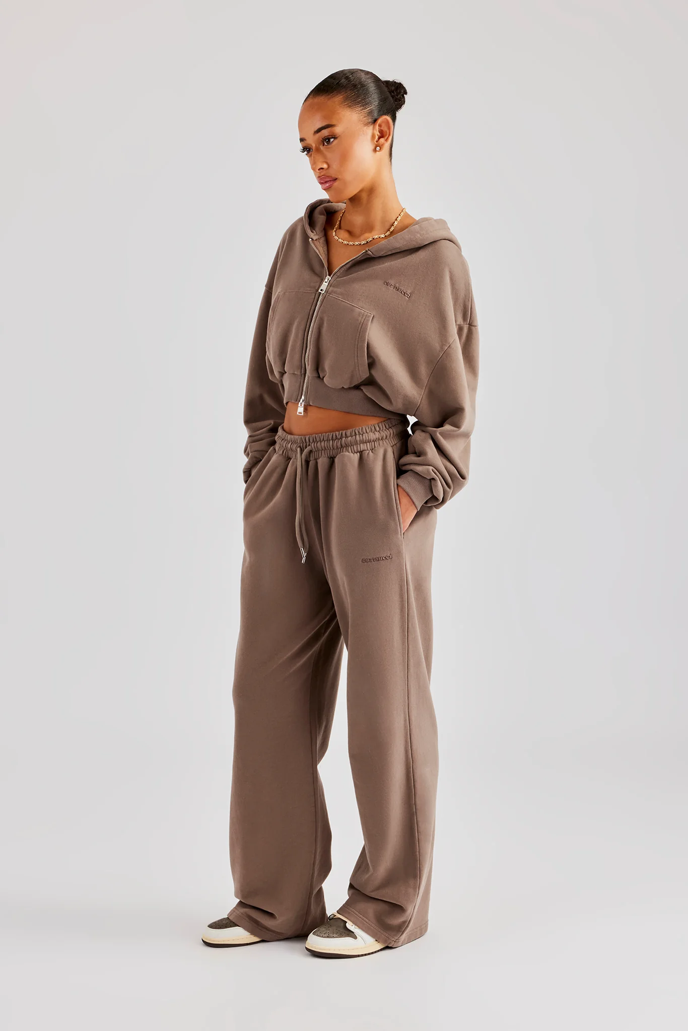 Cernucci Cropped Zip Through Hoodie - Taupe - Image 5