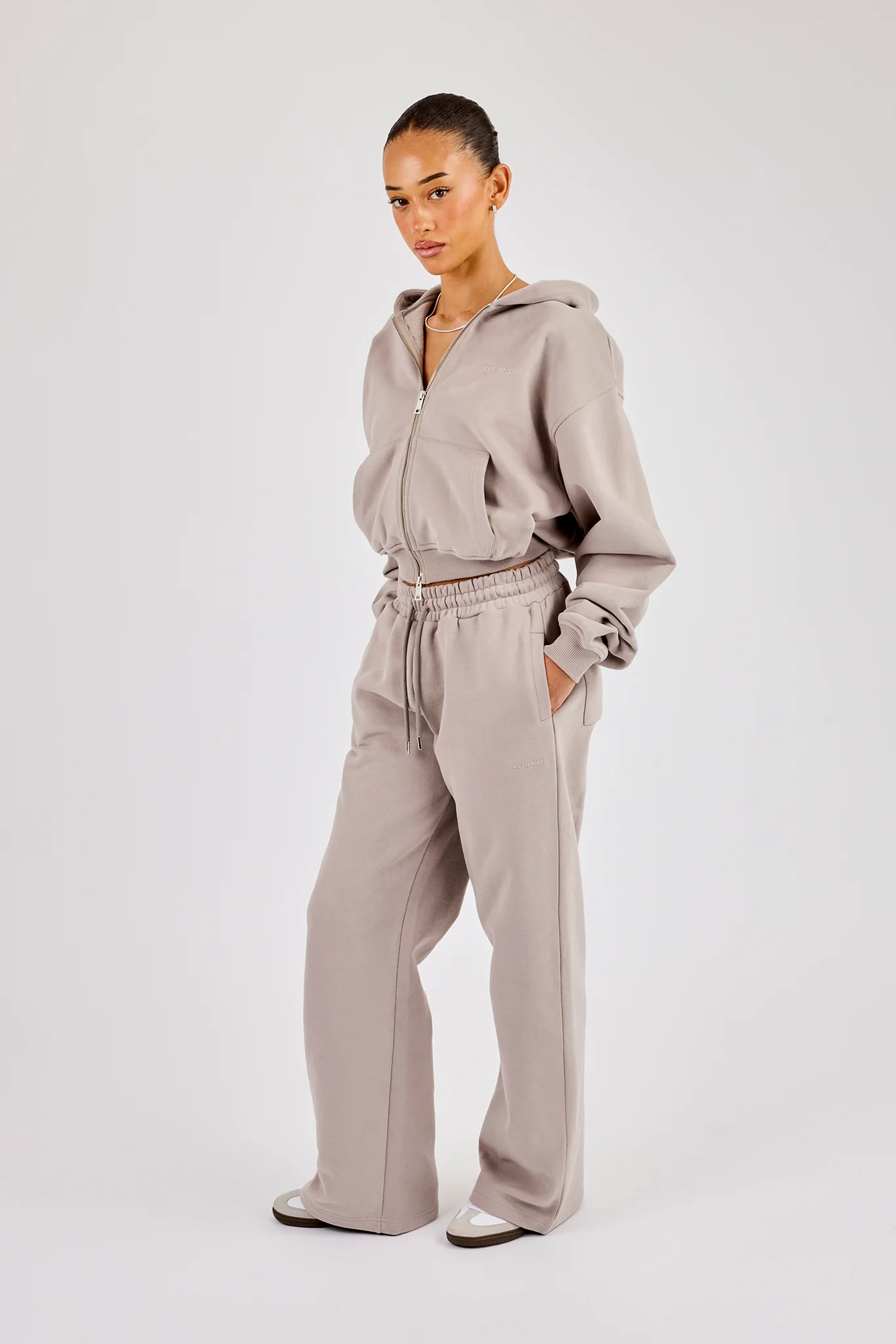 Cernucci Cropped Zip Through Hoodie & Wide Leg Jogger - Stone