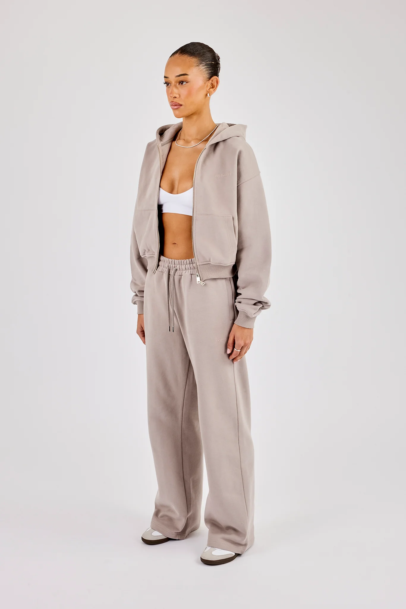 Cernucci Cropped Zip Through Hoodie & Wide Leg Jogger - Stone - Image 3