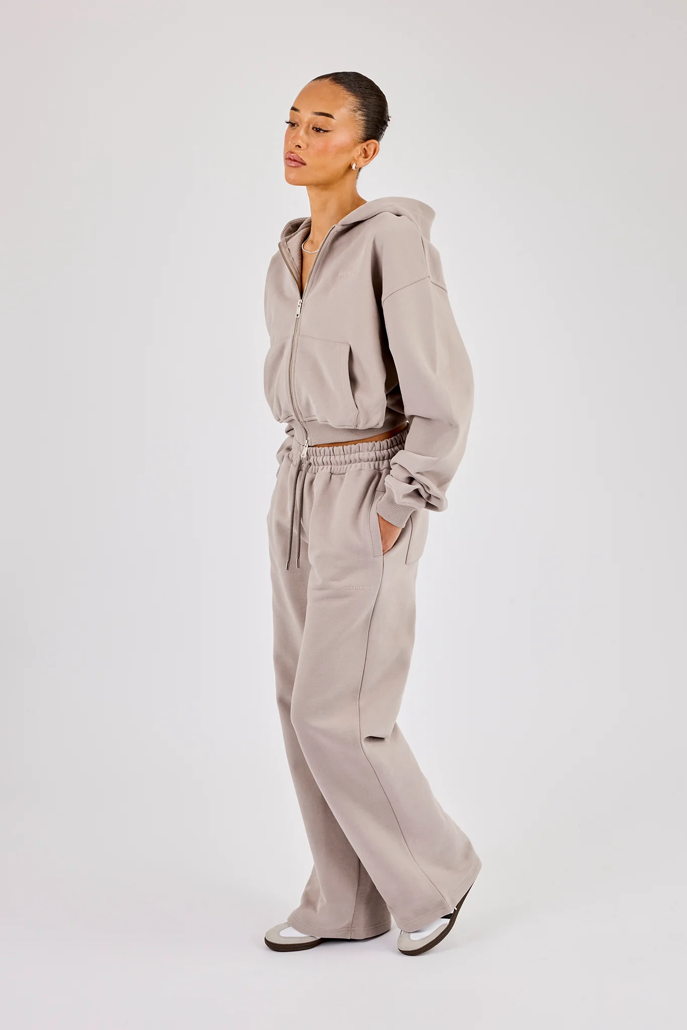 Cernucci Cropped Zip Through Hoodie & Wide Leg Jogger - Stone - Image 4