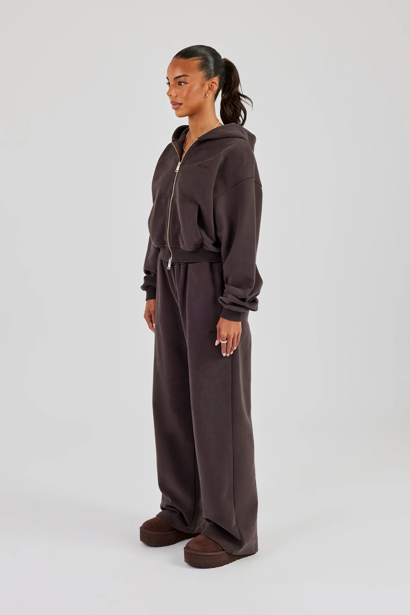 Cernucci Cropped Zip Through Hoodie & Wide Leg Jogger - Coffee - Image 2