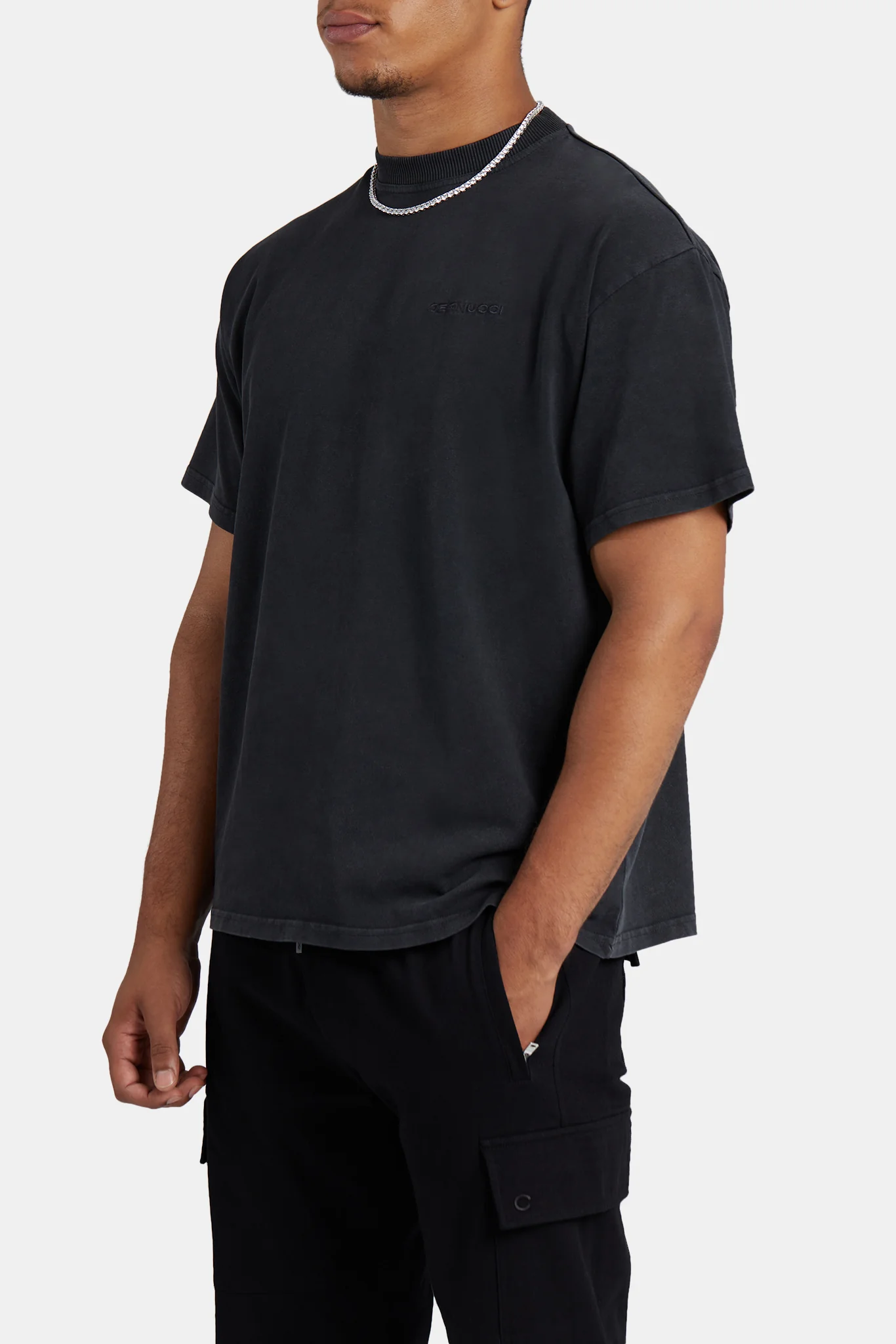 Cernucci Embroidered Acid Wash T-Shirt - Charcoal - Image 4