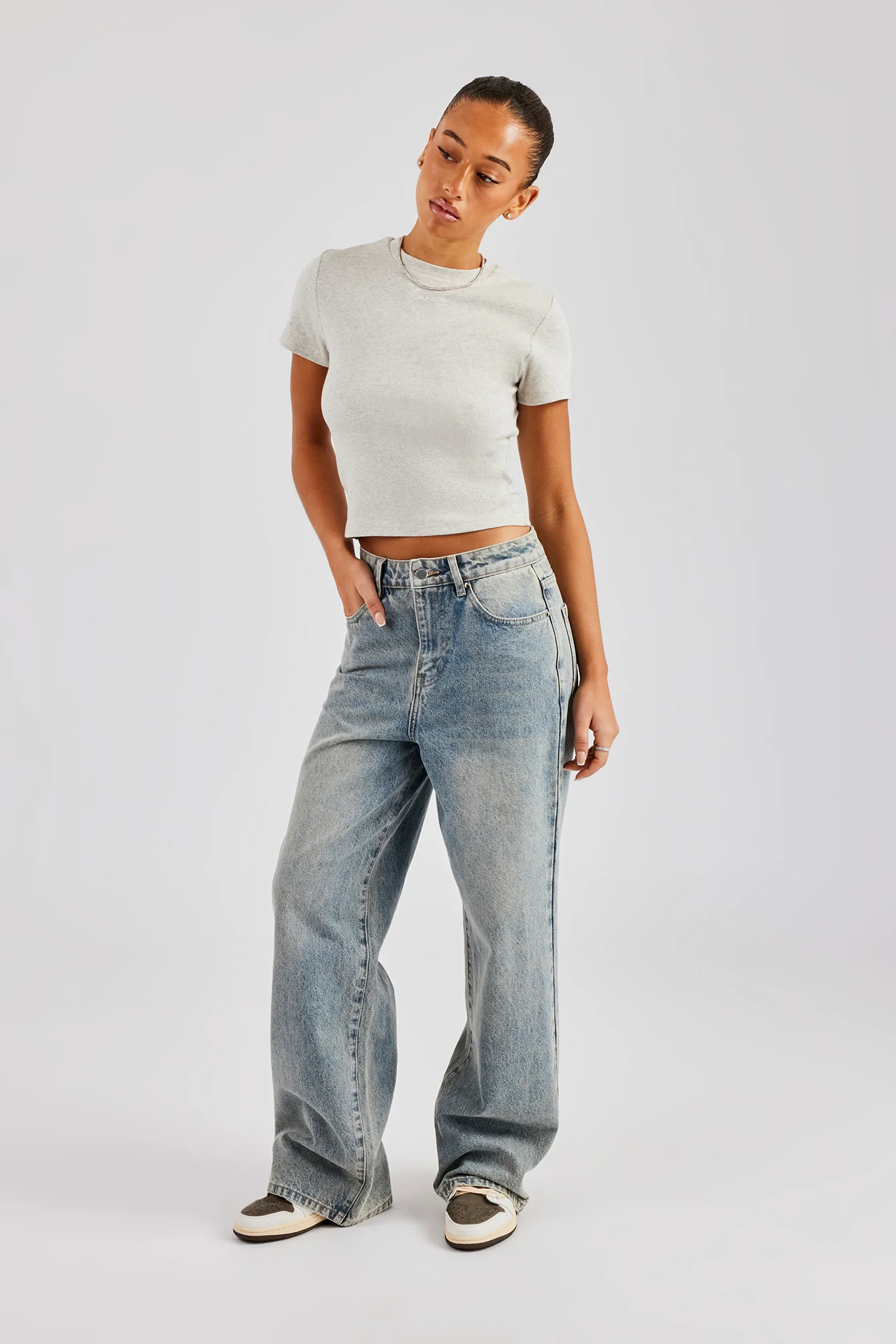Cernucci Embroidered Rib Baby Tee - Ash Grey - Image 5