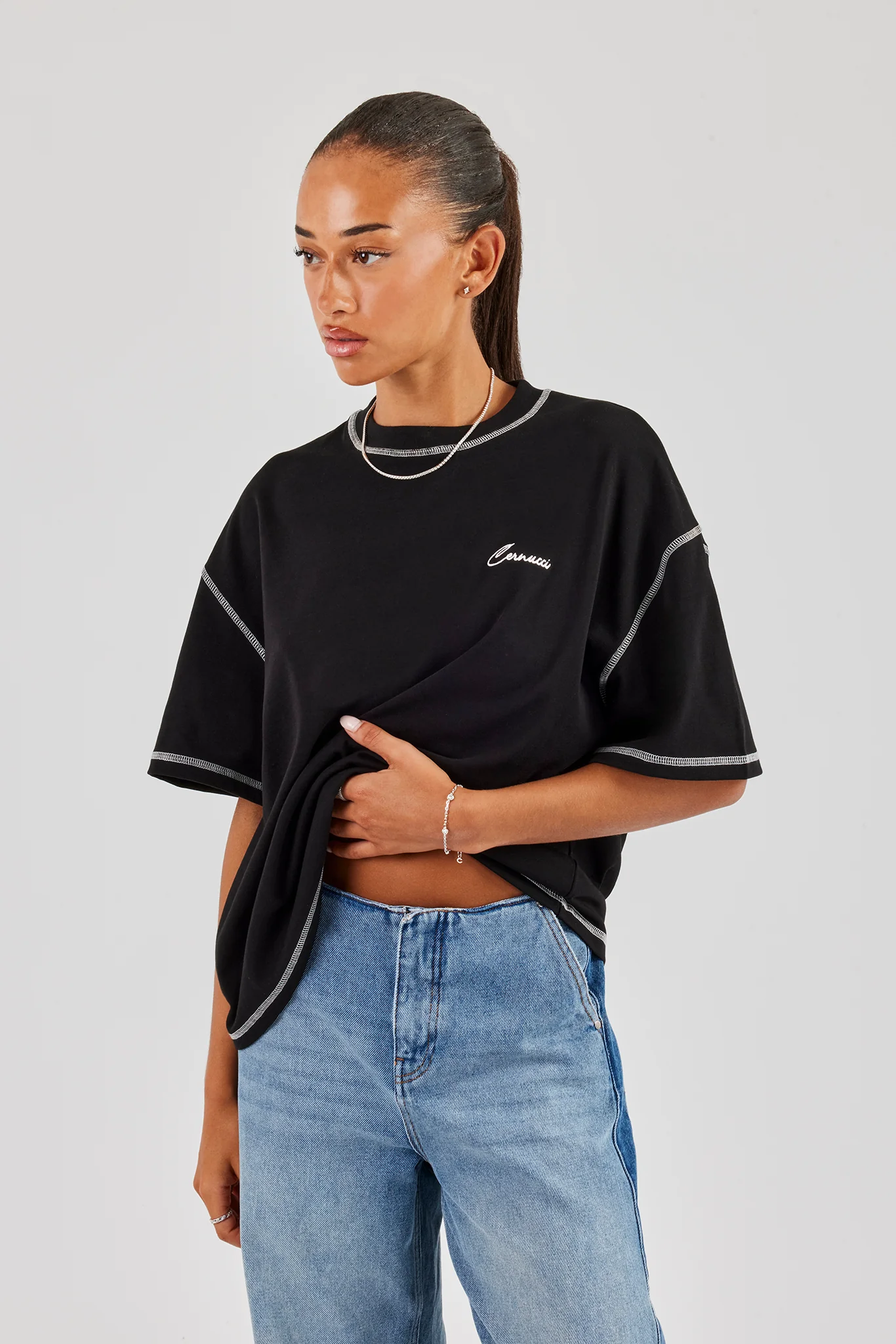 Cernucci Italia Contrast Stitch Oversized T-Shirt - Black - Image 2