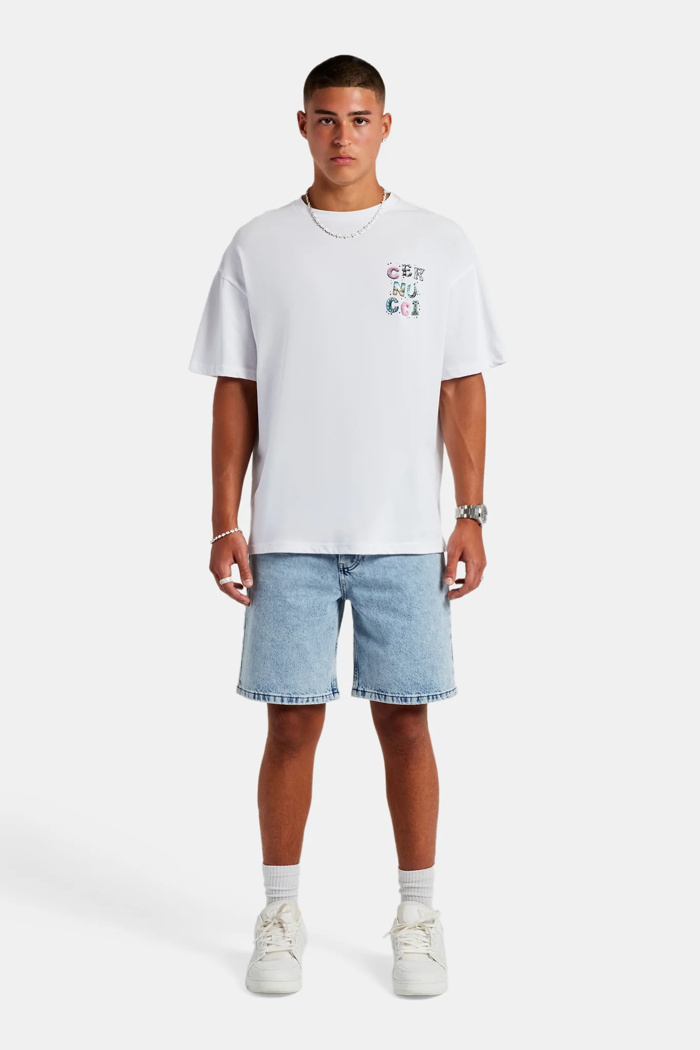 Cernucci Letter Rhinestone Oversized T-Shirt  - White - Image 4