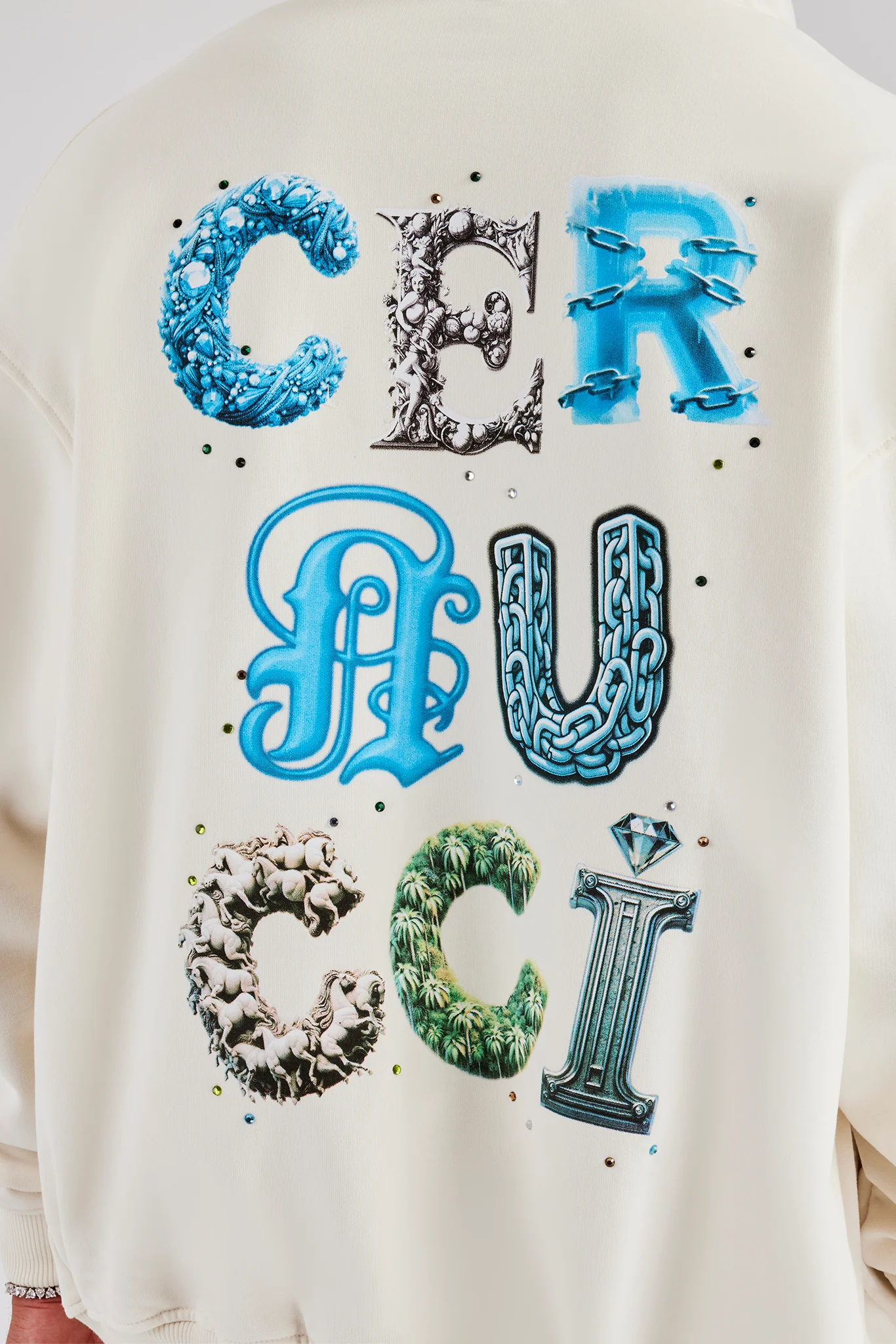 Cernucci Letter Rhinestone Zip Through Hoodie - Off White - Image 2