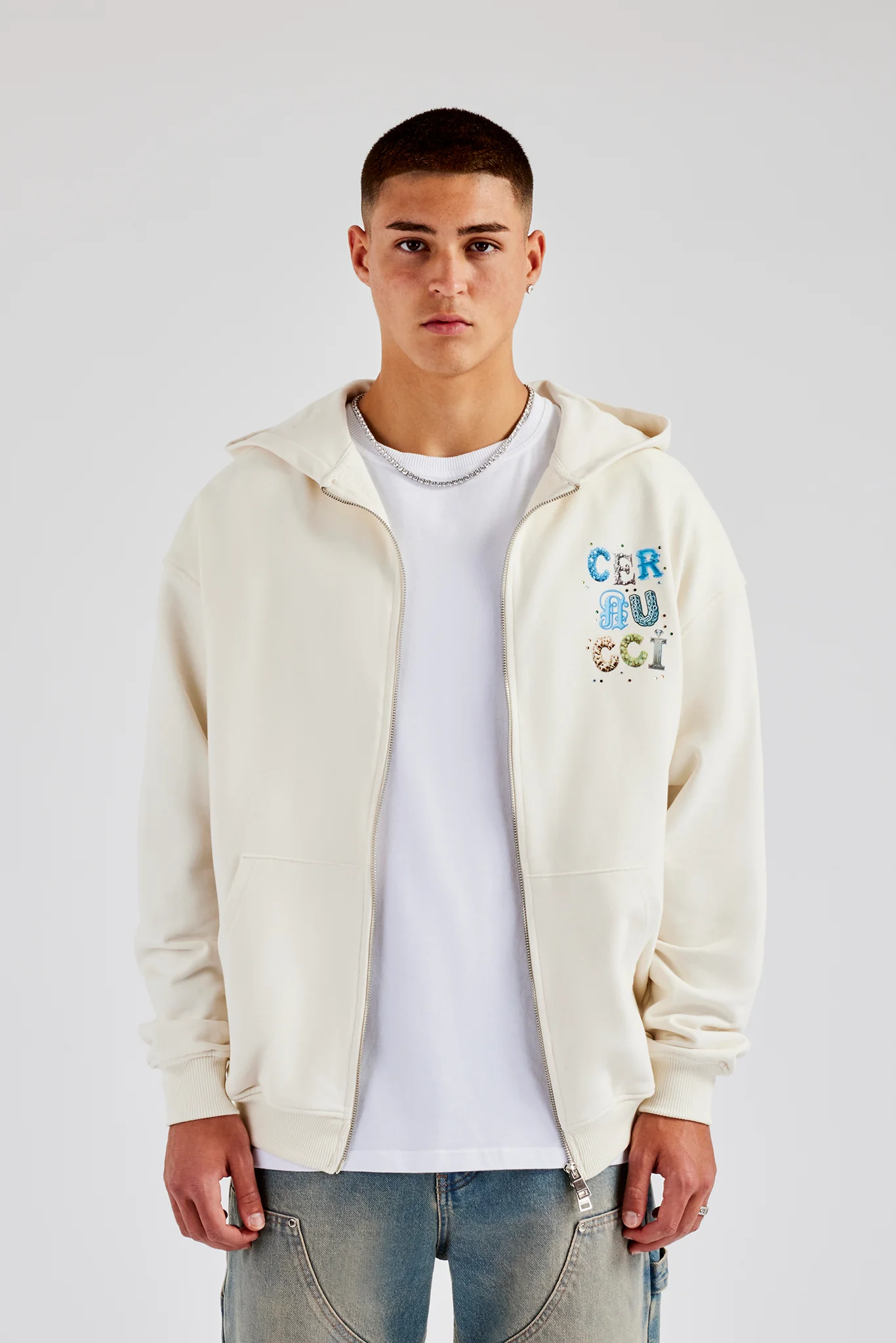 Cernucci Letter Rhinestone Zip Through Hoodie - Off White - Image 4