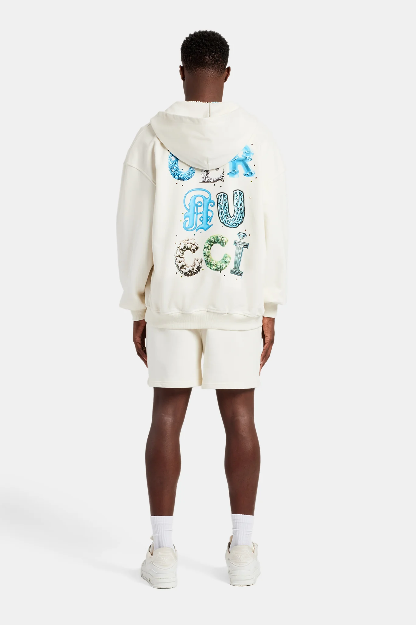 Cernucci Letter Rhinestone Zip Through Hoodie & Short Set - Off White - Image 6